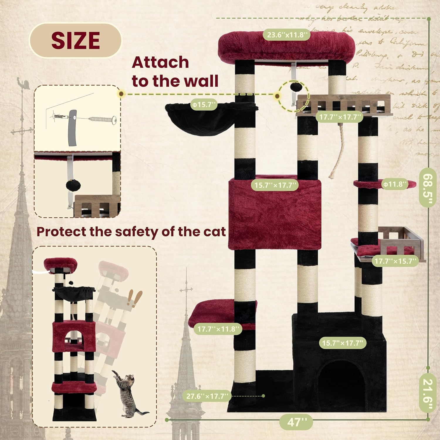 Diagram showing cat tree dimensions and wall attachment method