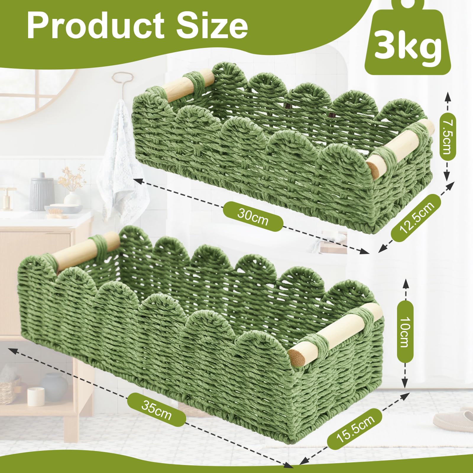 Set di 2 Cestino Portaoggetti, Cesto Vimini Portaoggetti Intrecciato con Maniglia,Organizer Bagno, Impilabile Cestini Stoccaggio Organizer Fasciatoio per Cameretta Salotto Bagno (Verde)