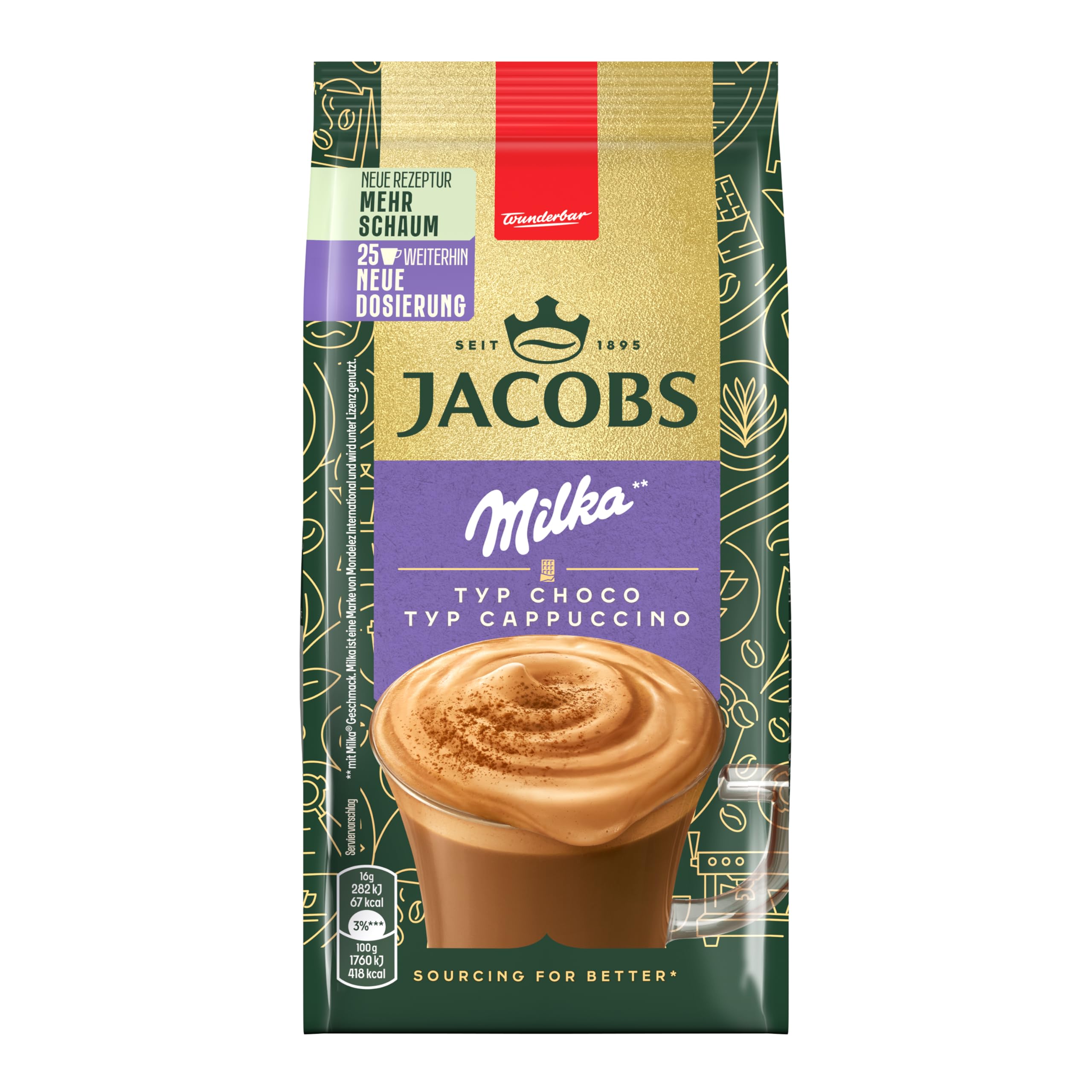 Jacobs Typ Cappuccino Choco Milka, Getränkepulver mit löslichem Bohnenkaffee, Instant Kaffee, für 25 Getränke, 400 g
