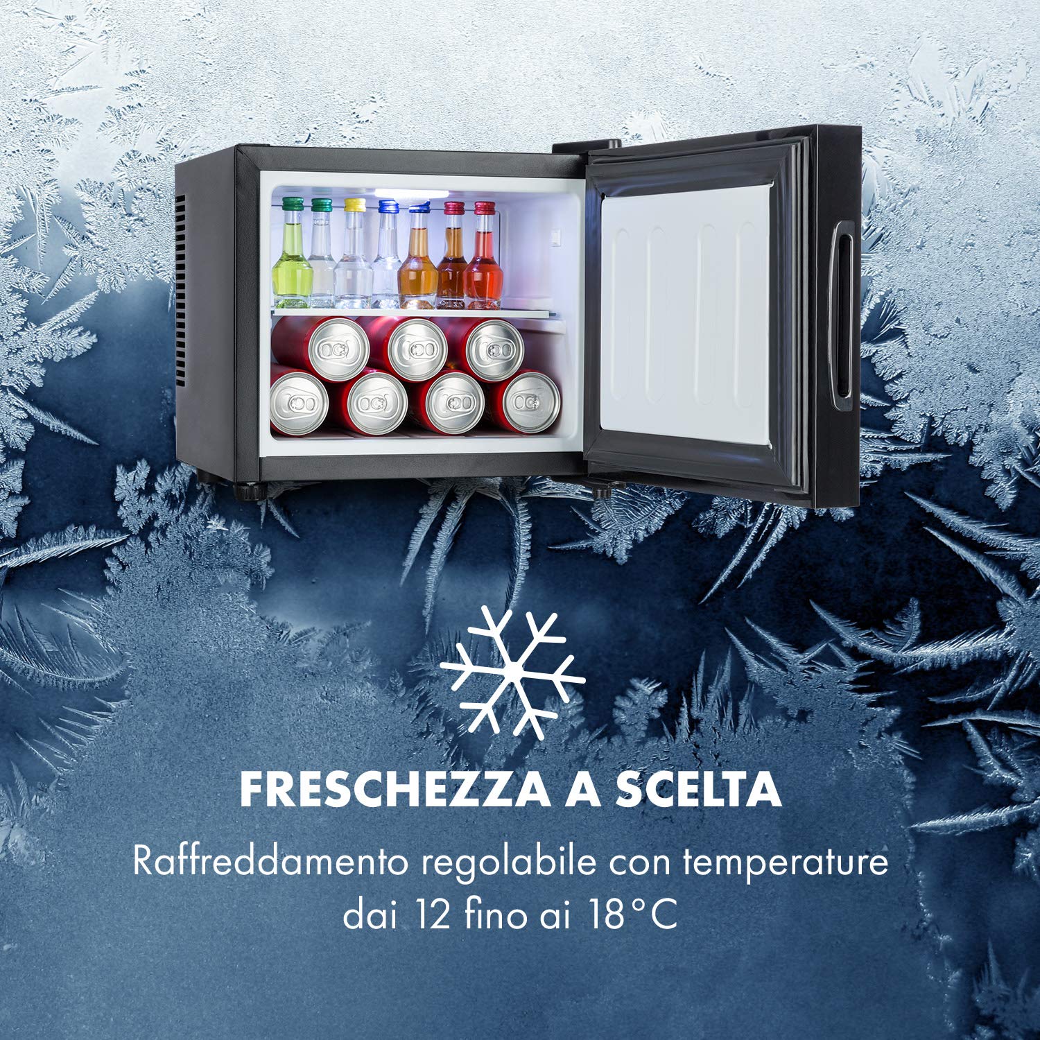 KLARSTEIN Frosty Minibar - Mini Frigo, Compatto, Sistema di Raffreddamento Termoelettrico, Capacità 10 Litri, Temperatura: 12-18 °C, Classe di Efficienza Energetica A, 33 dB, Nero