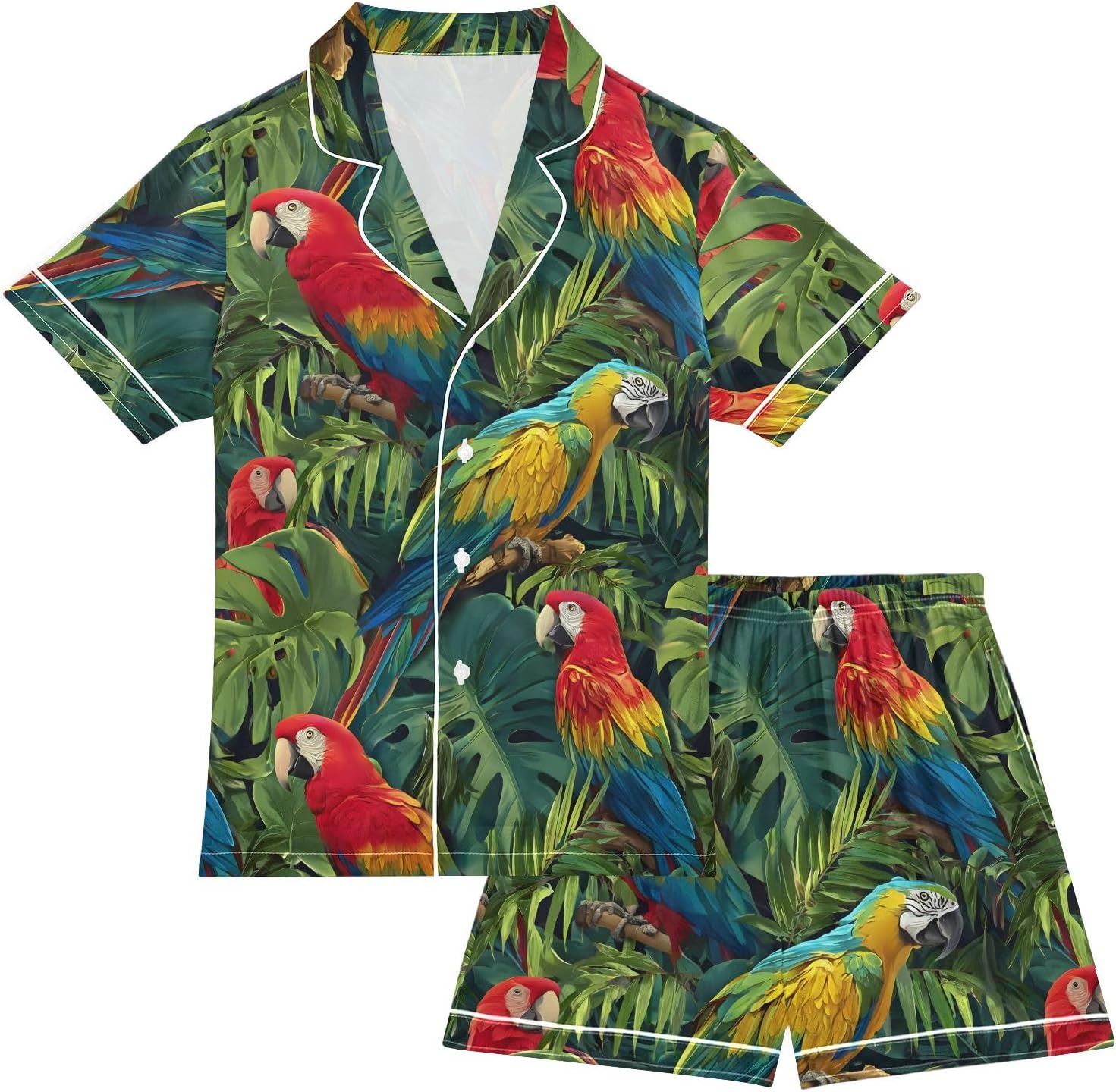 Kids Casual Satin Wear Set Parrot Tropical Leaves Pattern Unisex Short Sleeve Clothing for Relaxing