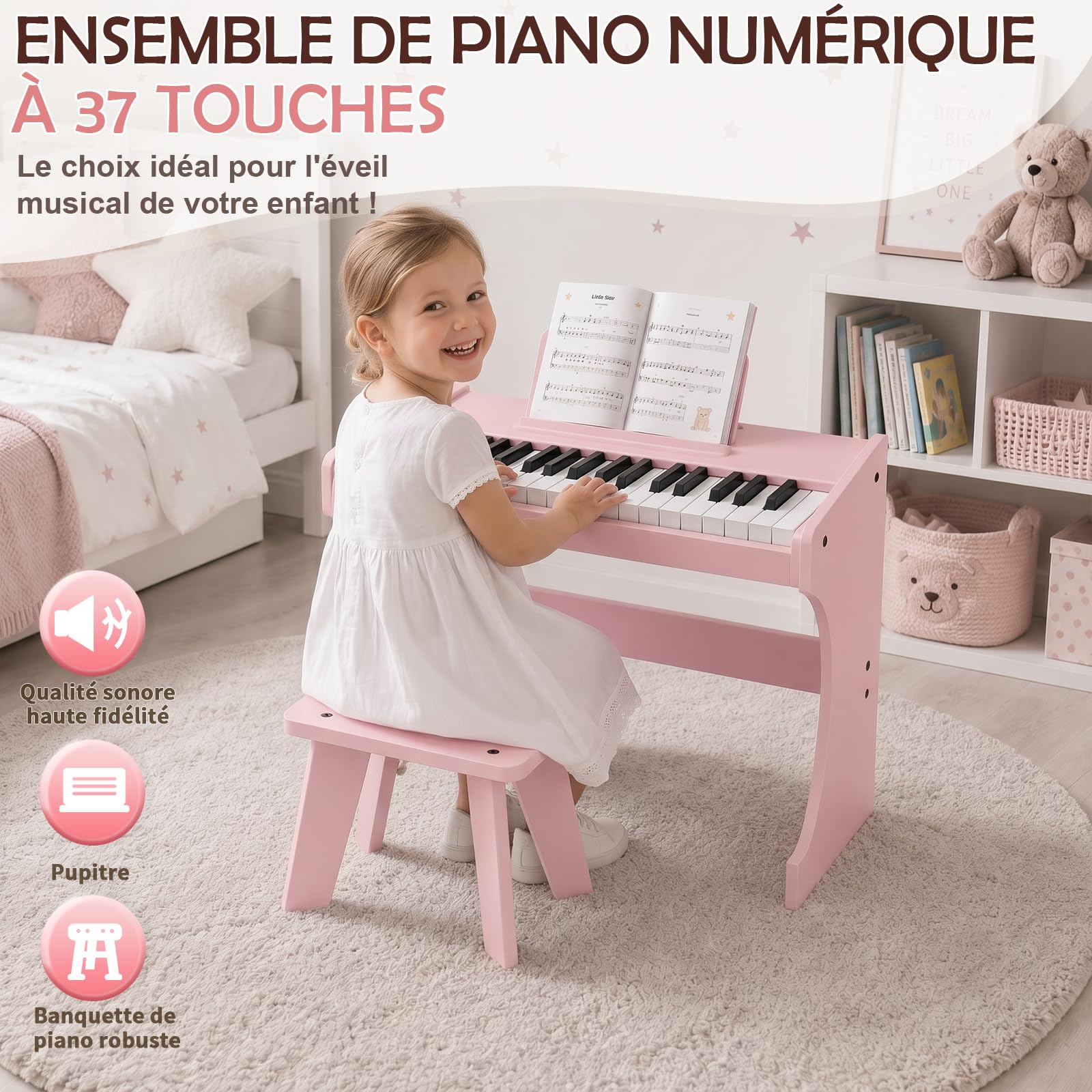 Piano Numérique Enfants 37 Touches, Instrument Éducatif de Musique (Rose)
