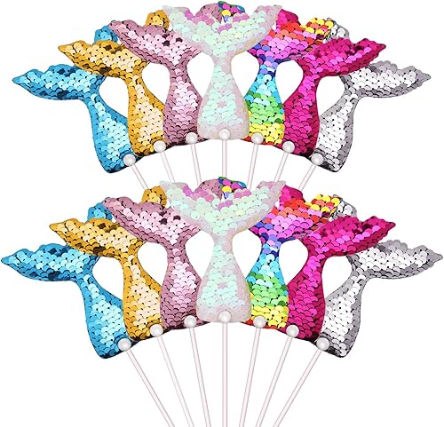 Miniatura 1 de 14 piezas de decoración de cupcakes con cola de sirena, pequeñas y reversibles con lentejuelas, para decoración de pasteles de cumpleaños, palillos