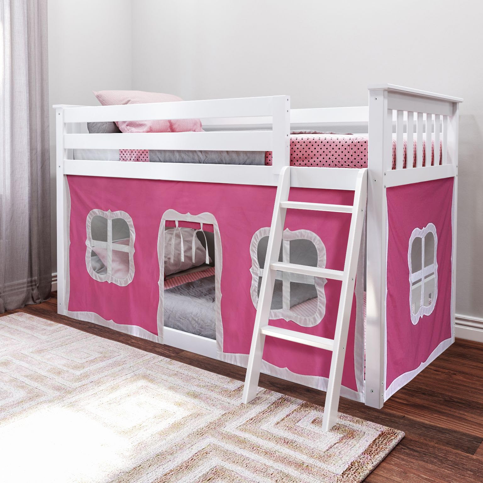 Max & Lily Low Bunk Bed, Twin-Over-Twin Bed Frame For Kids With Curtains For Bottom, White/Pink