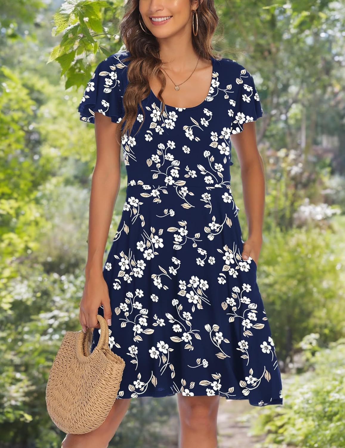 HOTOUCH Women's Casual Dress Floral Summer Dress Ruffle Sleeve Crewneck Flowy Swing Mini Dresses with Pockets - Image 7