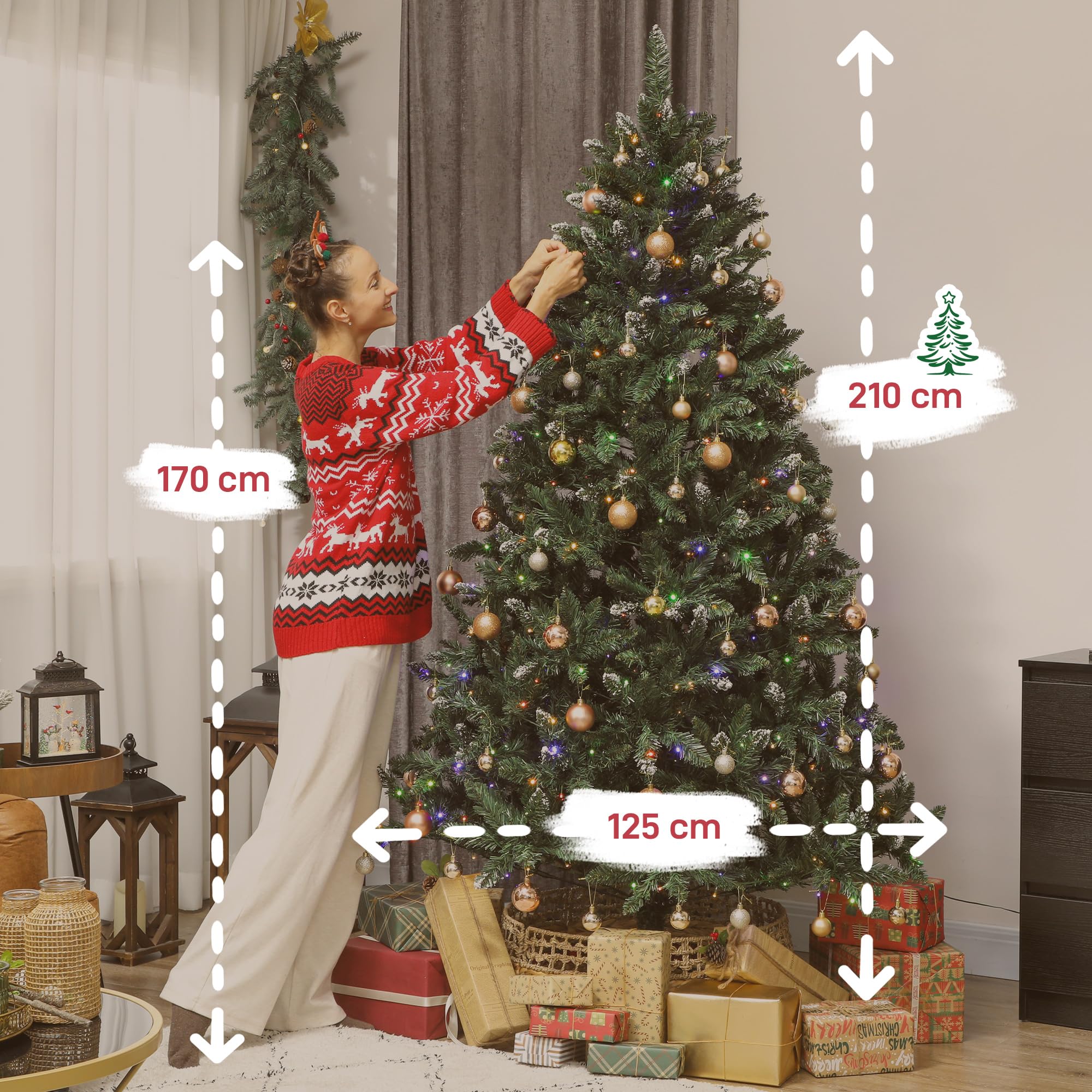 HOMCOM Árbol de Navidad 210 cm con Luces LED 9 Modos de Iluminación Verde | Árbol Navideño de Abeto, 1160 Ramas con Nieve Artificial, Soporte Metálico, Fácil de Montar