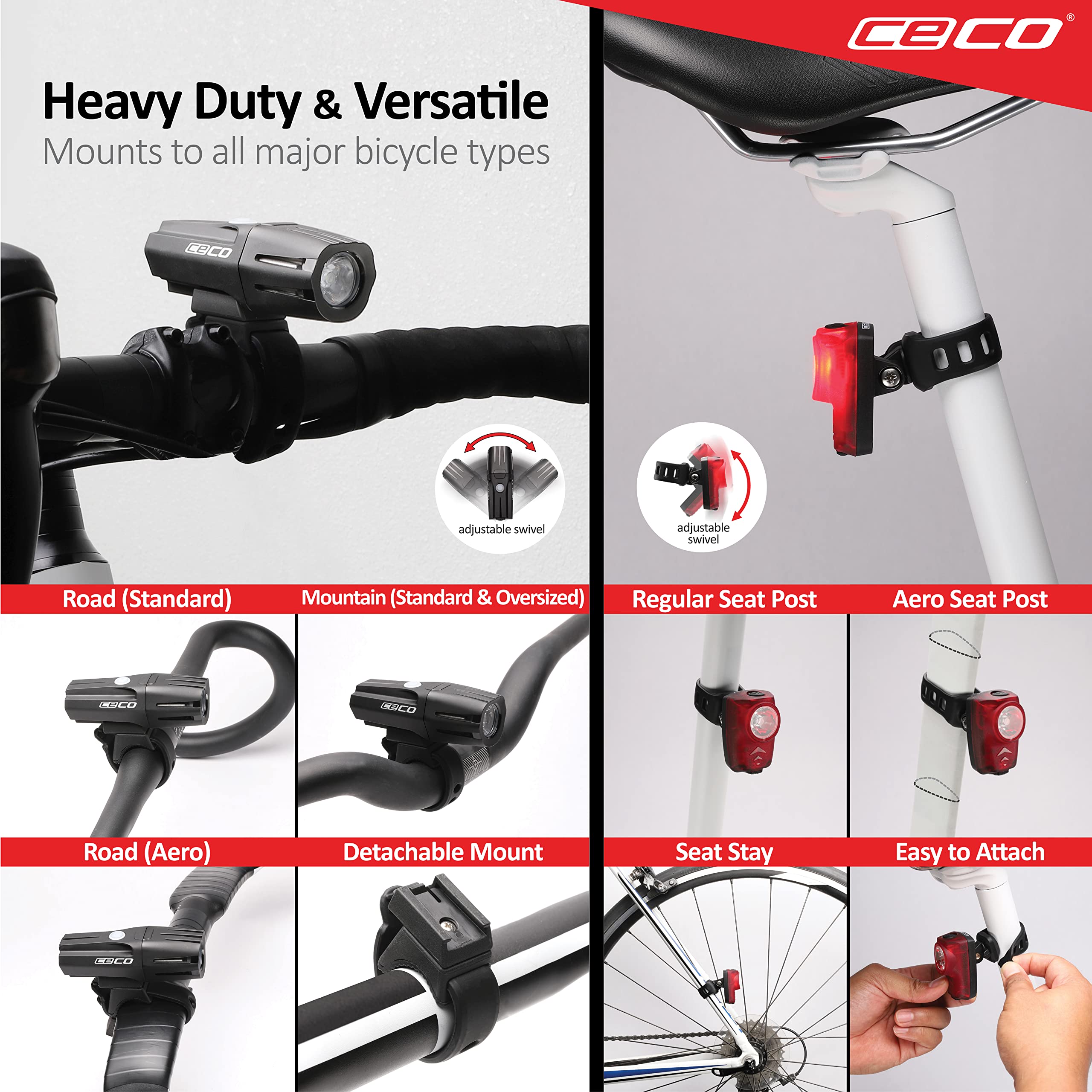 CECO - USA : 750 lumens phare et feu arrière 100 lumens combo pack pour cyclistes qui veulent voir loin et être vus de loin. Le plus lumineux jeu de feux de vélo rechargeable par USB disponible pour