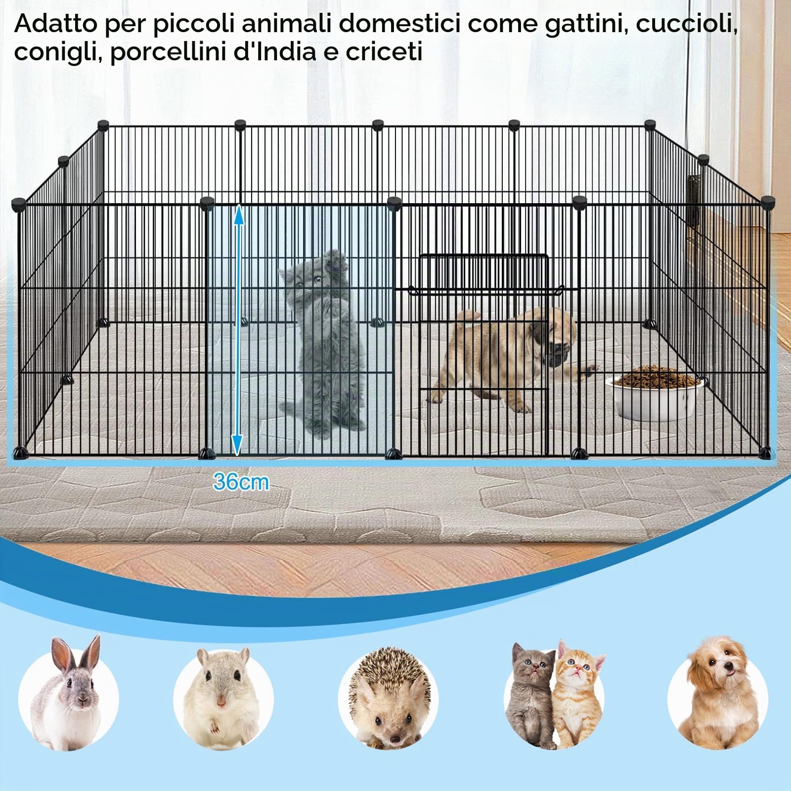 Recinzione a griglia per conigli, in metallo, per porcellini d'India, per piccoli animali, fai da te, con porta, 142 x 72 x 72 cm