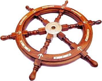 Nagina International Nautical Premium Sailors Hand Crafted Brass & Wooden Ship Wheel | Luxury Gift Decor | Boat Collectibles 24 Inches, Anchor & Strip