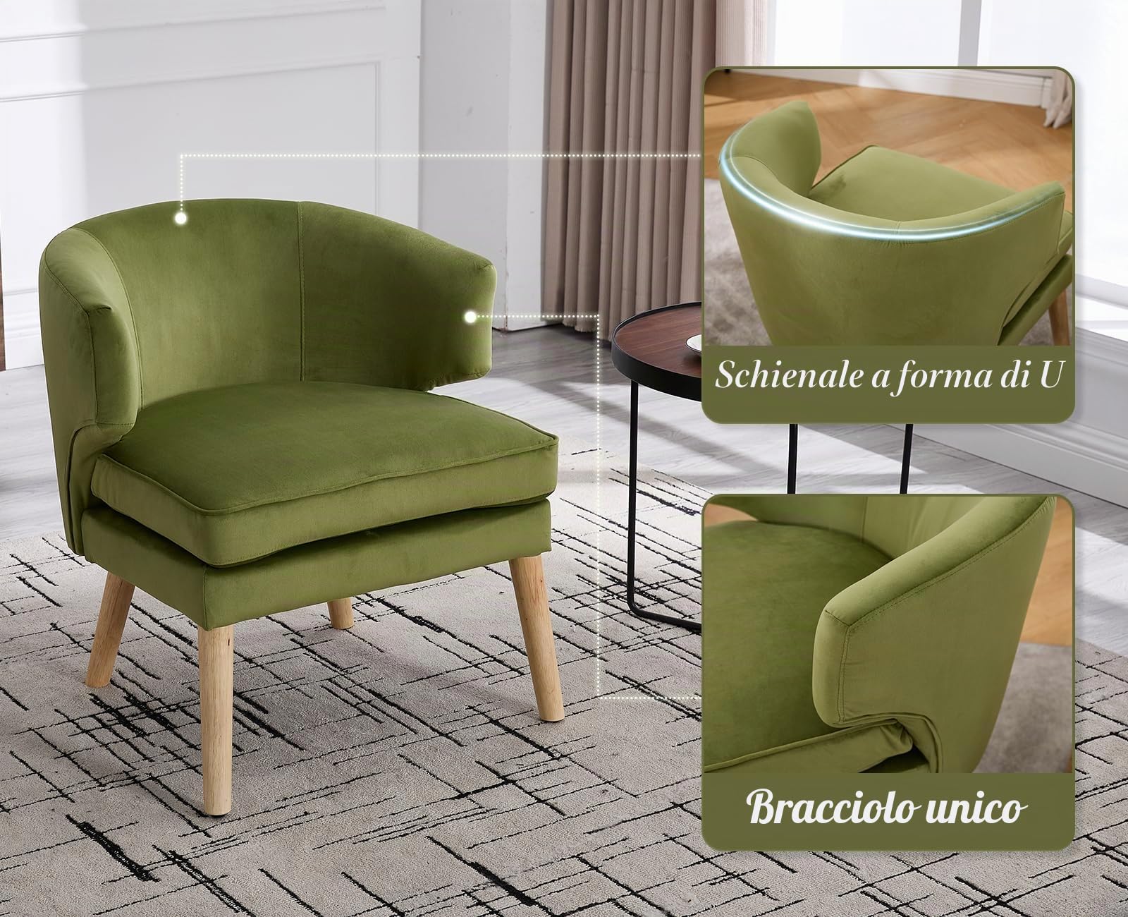 Sedia da lettura con gambe in legno in velluto, poltrona relax con doppio cuscino, per soggiorno, camera da letto, angolo lettura, verde