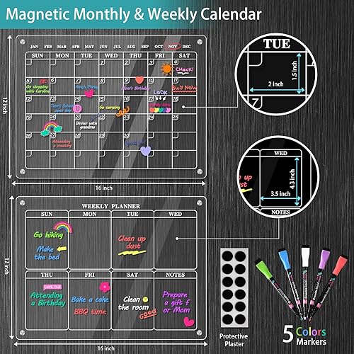 Miniatura 3 de Calendario acrílico para refrigerador, 2 juegos de calendario magnético para refrigerador, calendario mensual y semanal acrílico para pared,