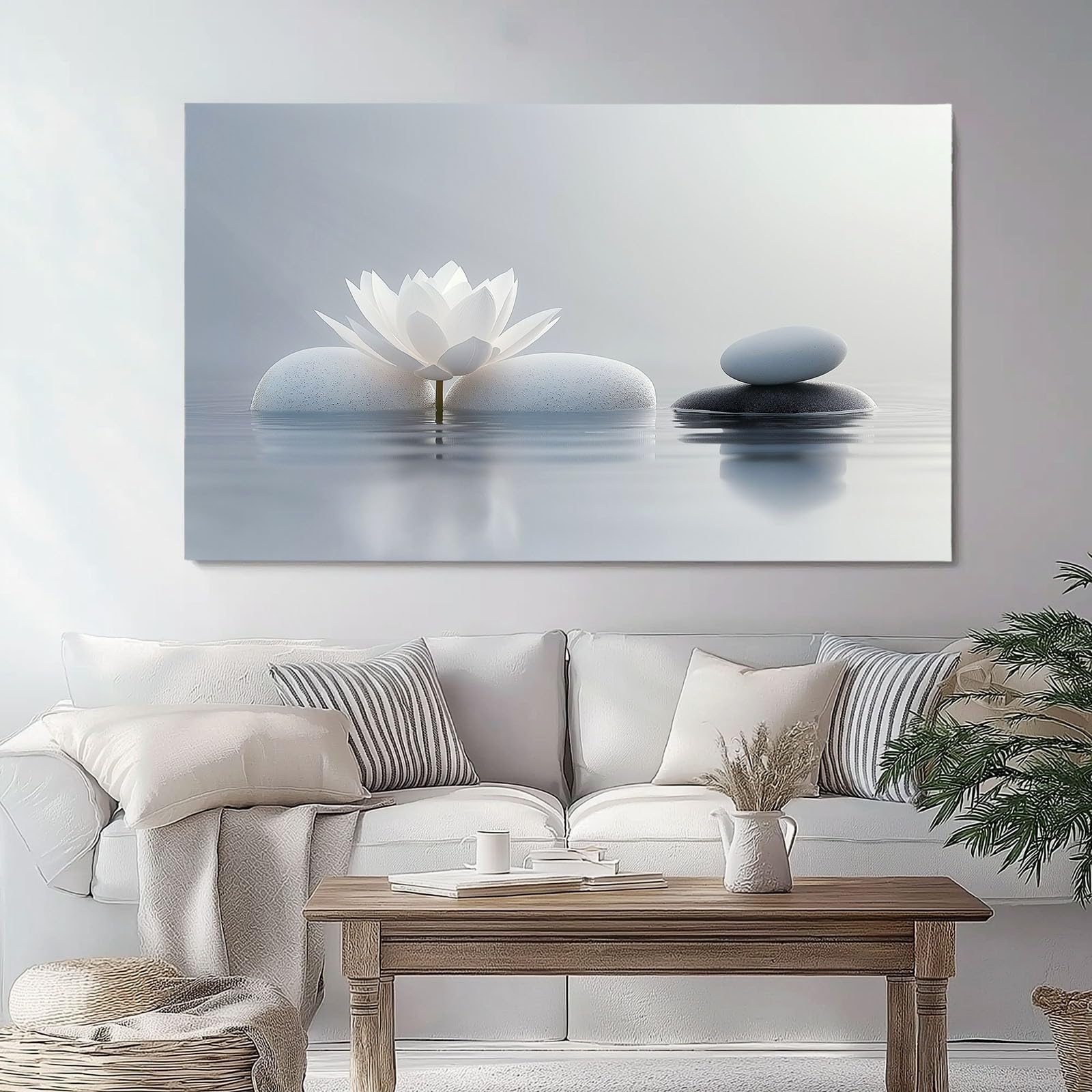 Cuadro Sobre Lienzo 60 x 40 cm Zen Plantas Flores Piedras para Dormitorios Cuadro Decorativos de Salon Lienzos Poster Imagen Pared Comedor Decoracion Pasillo, Blanco