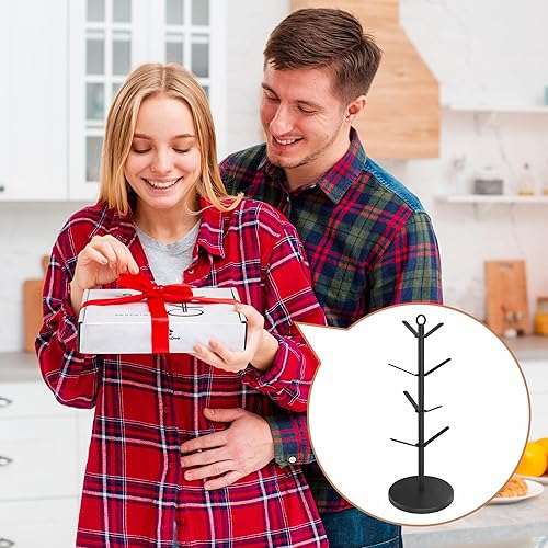 Miniatura 8 de simesove Soporte para tazas de café con canasta, árbol de taza antideslizante con 8 ganchos para tazas K y platillos, organizador de soporte de