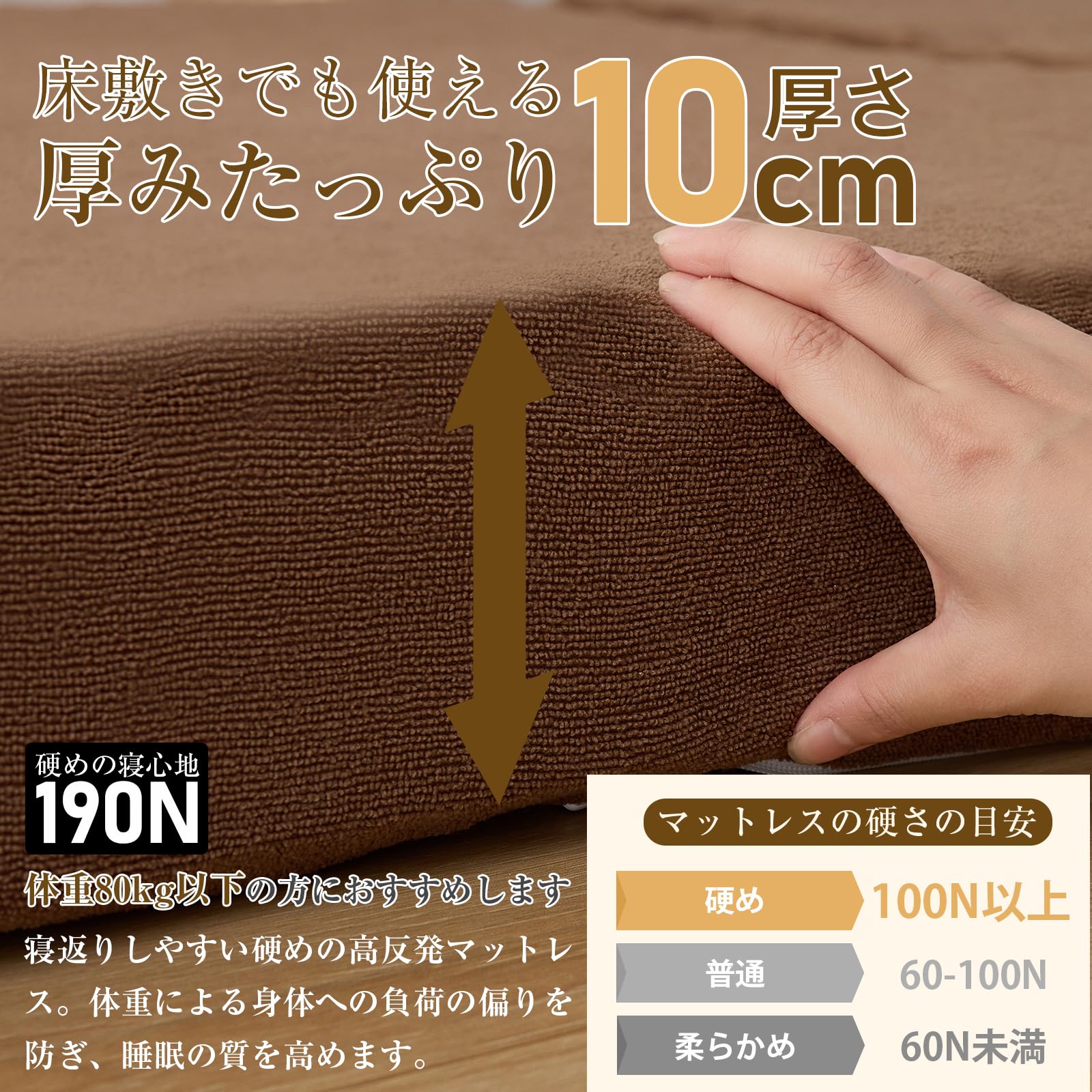 Amazon｜マットレス ダブル 三つ折り 極厚10cm 硬さ190N 24D高密度
