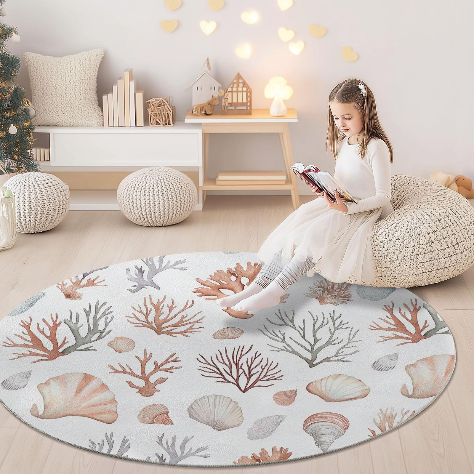 Okrągłe dywany do salonu, naturalnie muszle, zmywalne, do sypialni, antypoślizgowy dywan do jadalni, miękki dywan podłogowy z niskim runem do dekoracji domu, 120 cm, różowy koralowy muszla