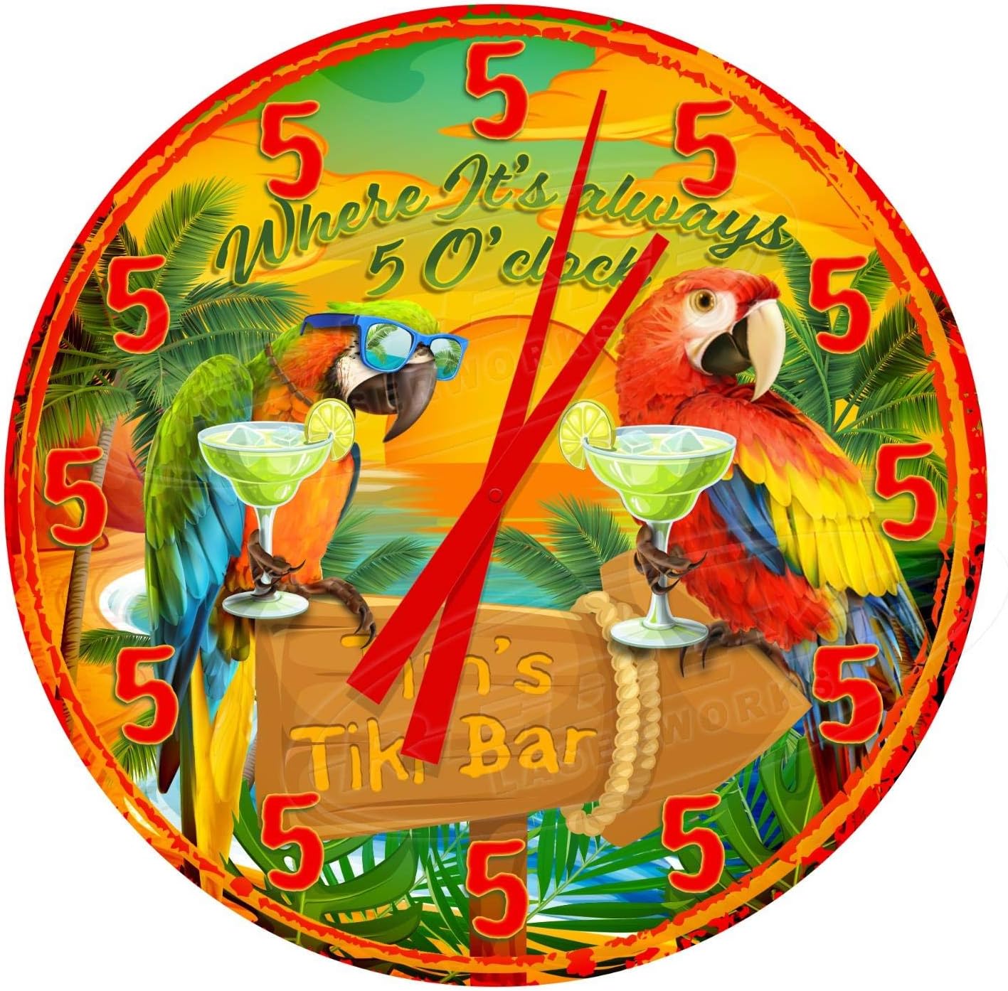 Tiki Bar Always 5 O'clock 12" Diameter Aluminum Metal Round Wall Clock
