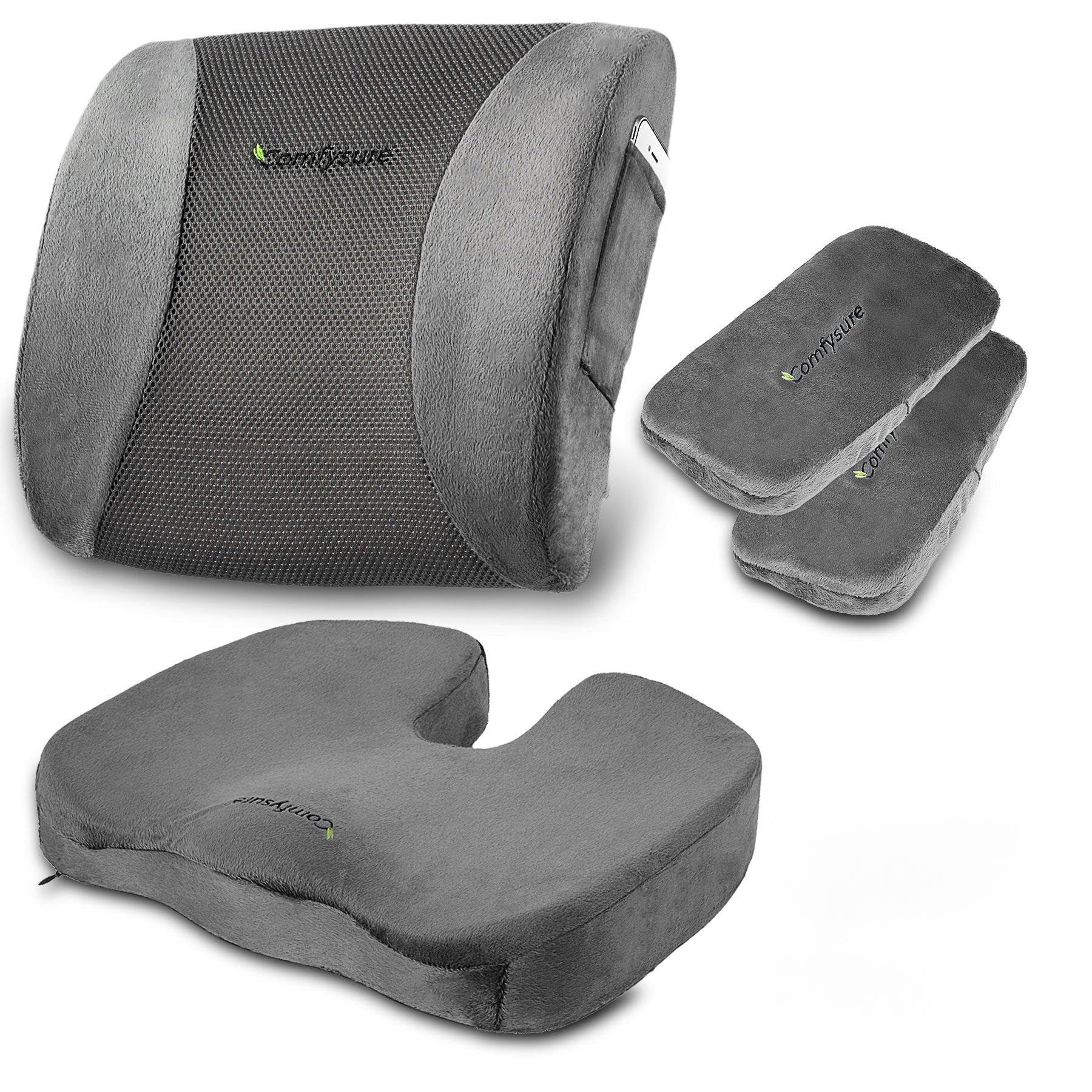 3 Piece Seat Cushion Set – Back Lumbar Support, Tailbone Coccyx Orthopedic Pain Relief, 2 Padded Armrest Covers – Memory Foam, Removable Plush Covers – Fits Most Office Computer Chairs