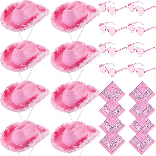 24 Pack Cowgirl Hats Bulk for Women, Fluffy Feather Cowgirl Hat with Paisley Bandana and Heart Sunglasses for Wedding Bachelorette Birthday Party Costume Accessory