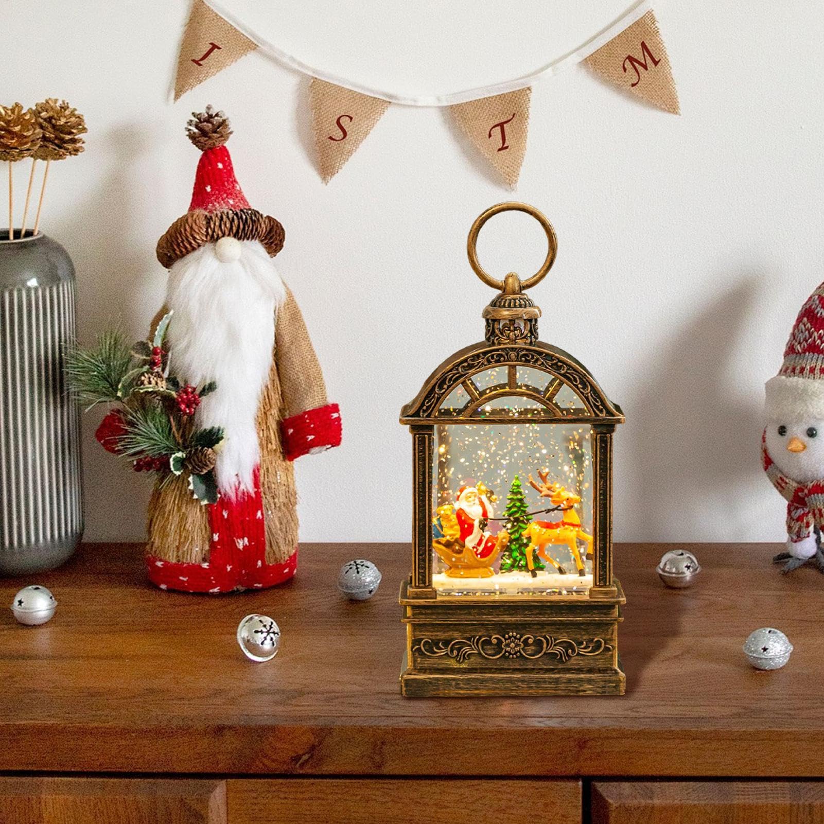 Christmas Snow Globe Lantern - Swirling Glitter Lantern With Music, LED Lights | Battery-Powered Tabletop Ornament, Festive Holiday Decoration, Perfect Christmas Decoration, Ideal Giftt For Home Decor