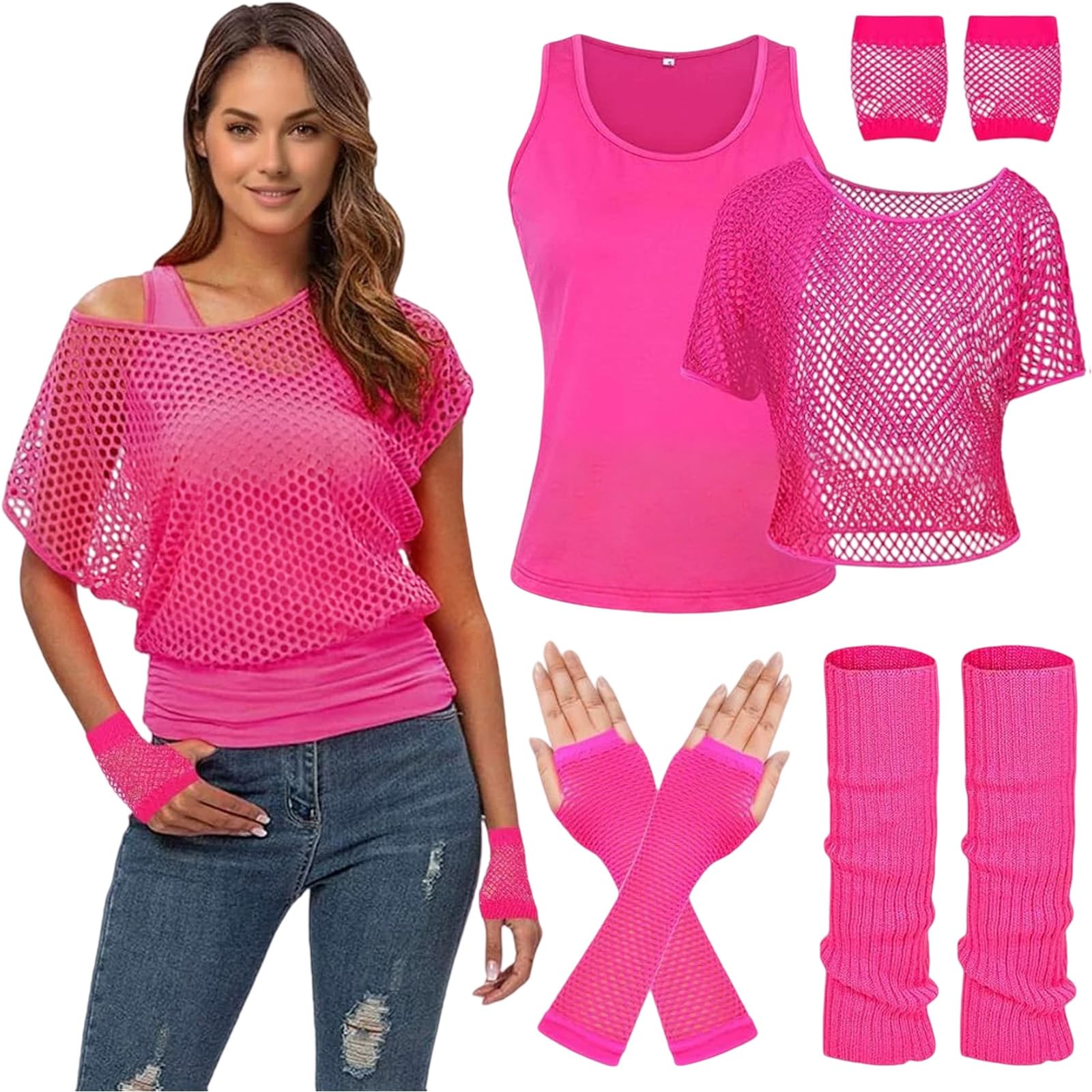 MUNSKT Women's Neon Outfit, 80s 90s Fishnet T-Shirt Sleeveless Top with Gloves Leg Warmers