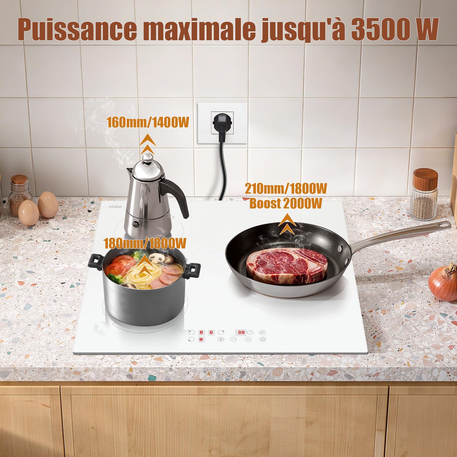Plaque Induction 3 Feux 60cm 3500W Encastrable avec Prise, Blanc, Boost, Verrouillage Sécurité, Commande Tactile, Minuterie 99 Min