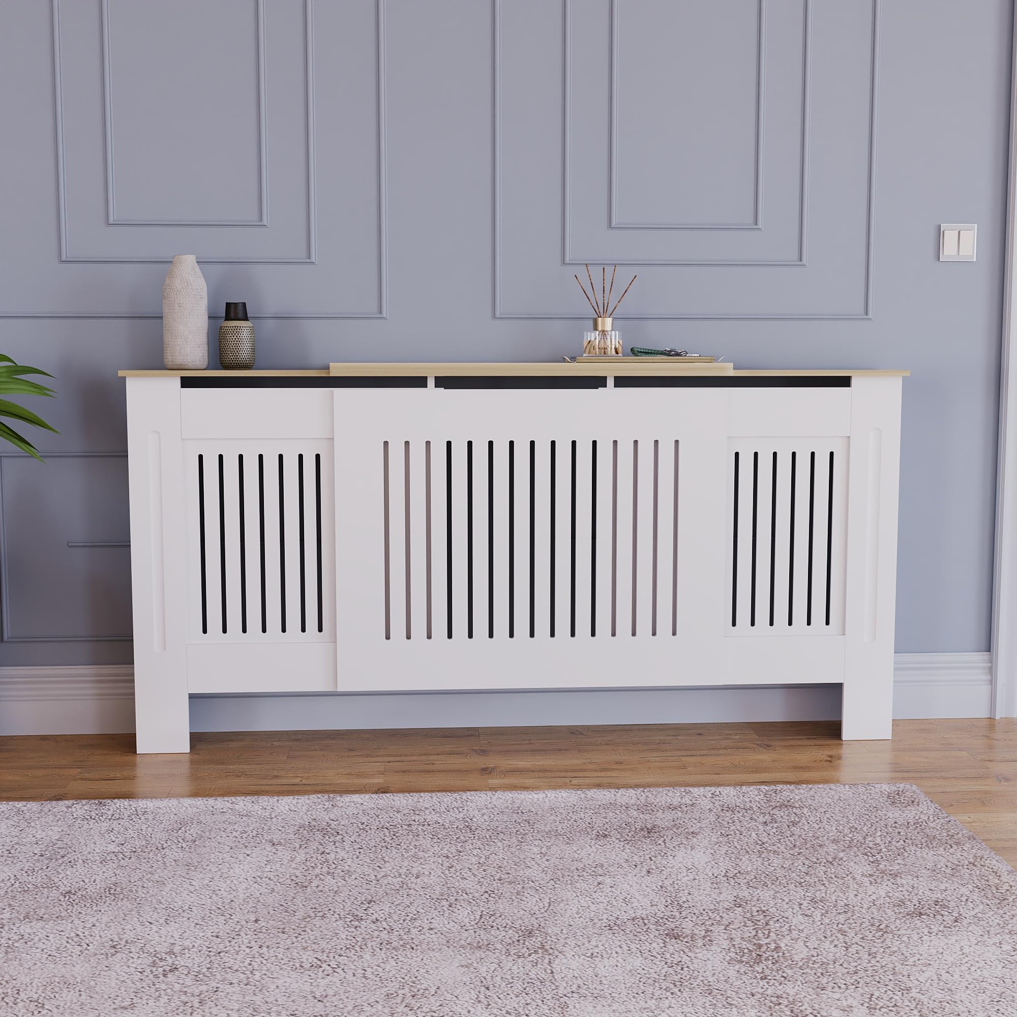 Vida Designs Arlington Heizkörperabdeckung Weiß Verstellbar Modern Shaker Style Vertical Slat H83xW140-204xD19cm Lackiertes MDF