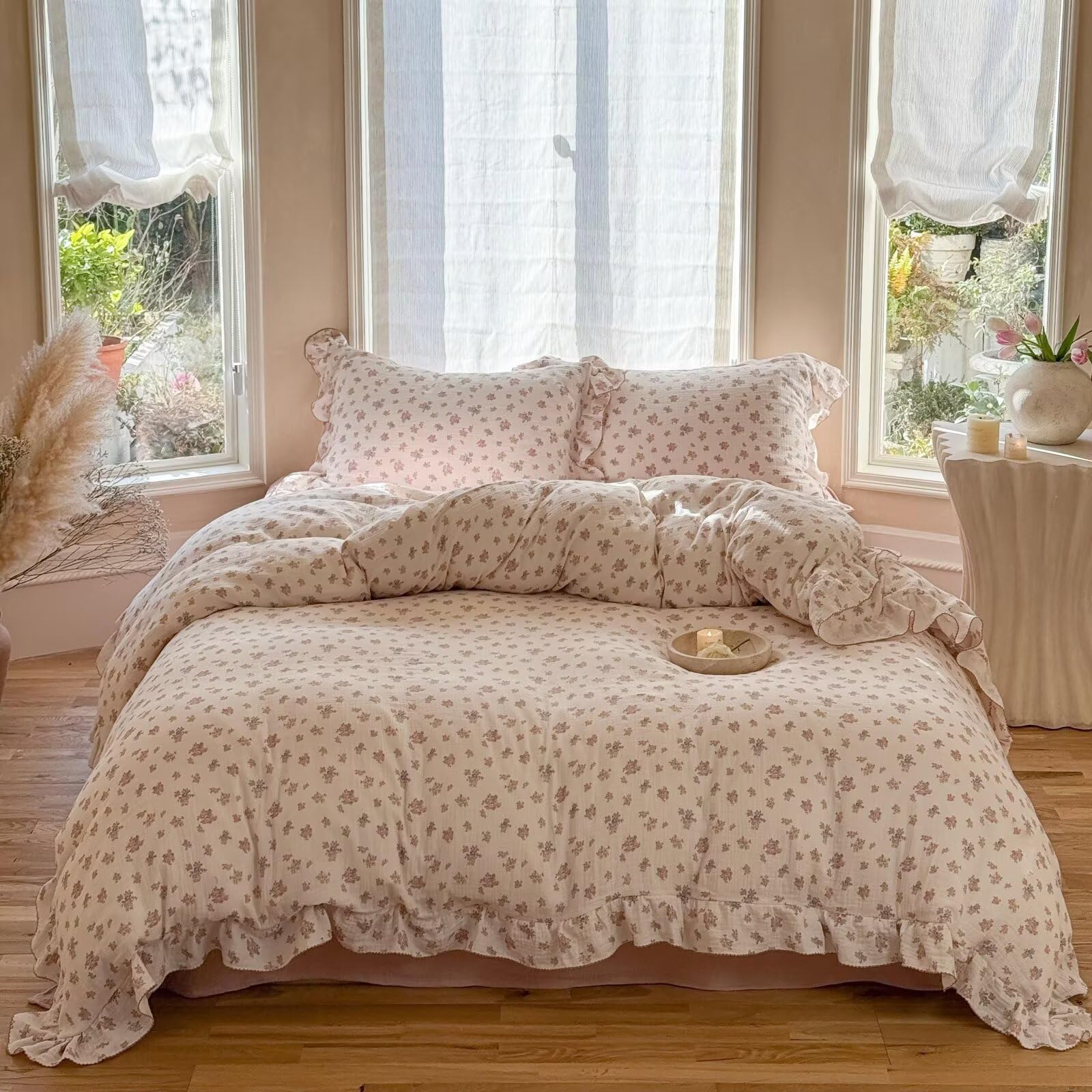 BuLuTu Pink Floral Muslin Duvet Cover Queen with Ruffles,Tuberose,No Pillow