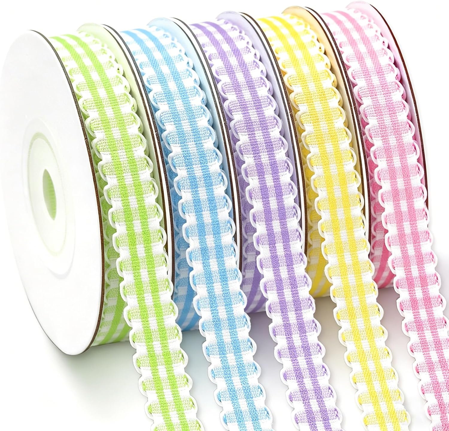 Whaline 5 Pcs Spring Summer Ribbon 3/8 Inch x 50 Yard Pastel Gingham Ribbon with Lace Edge Plaid Fabric Ribbons for Easter Crafts Gift Wrapping Hair Bows Birthday Baby Shower Decoration