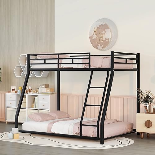 Harper & Bright Designs Litera baja de tamaño individual sobre matrimonial, base de cama de metal con rieles de protección de seguridad, escalera y