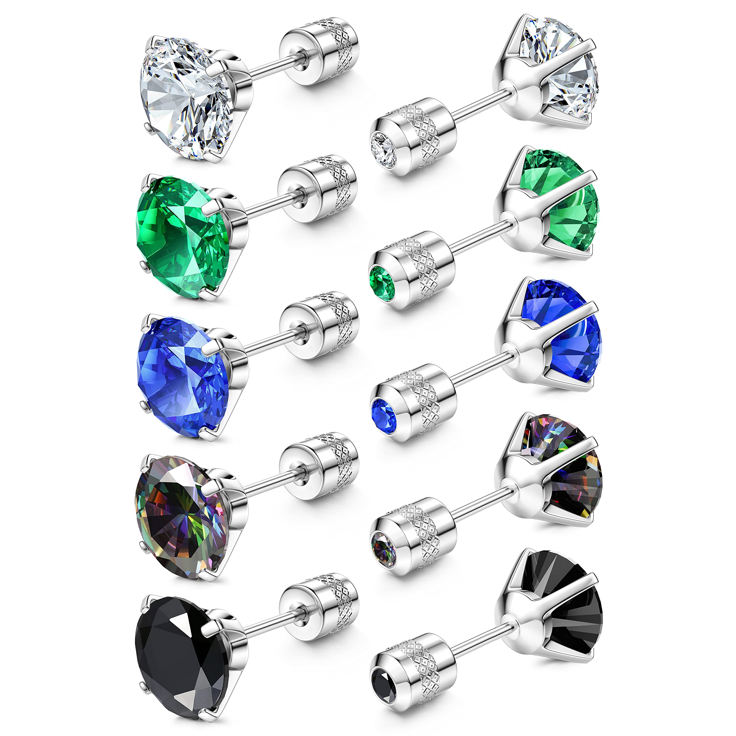 FIBO STEEL5 Pairs Titanium Screw Back Surgical Stainless Steel Stud Earrings for Women Men, Rainbow 5A Cubic Zirconia Sleep Hypoallergenic Stud for Sensitive Ears