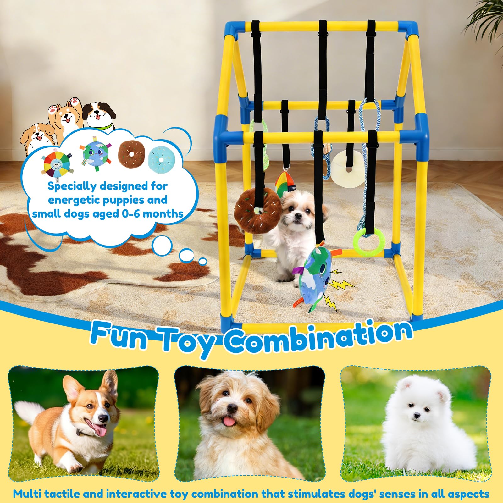 Gimnasio para cachorros con 8 juguetes colgantes, juguete de gimnasia en la selva para perros pequeños con marco de PVC y correa elástica para entretenimiento, dentición divertida y estimulación