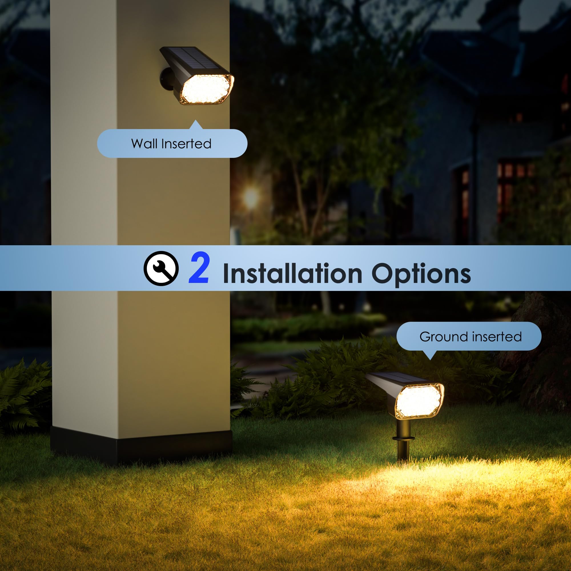 Quntis Zestaw 2 zewnętrznych lamp solarnych, 3 kolory i 6 trybów Zewnętrzny reflektor słoneczny IP65 Wodoodporny, kabel USB C do ładowania Zewnętrzne światło słoneczne do dekoracji ogrodu Ścieżka