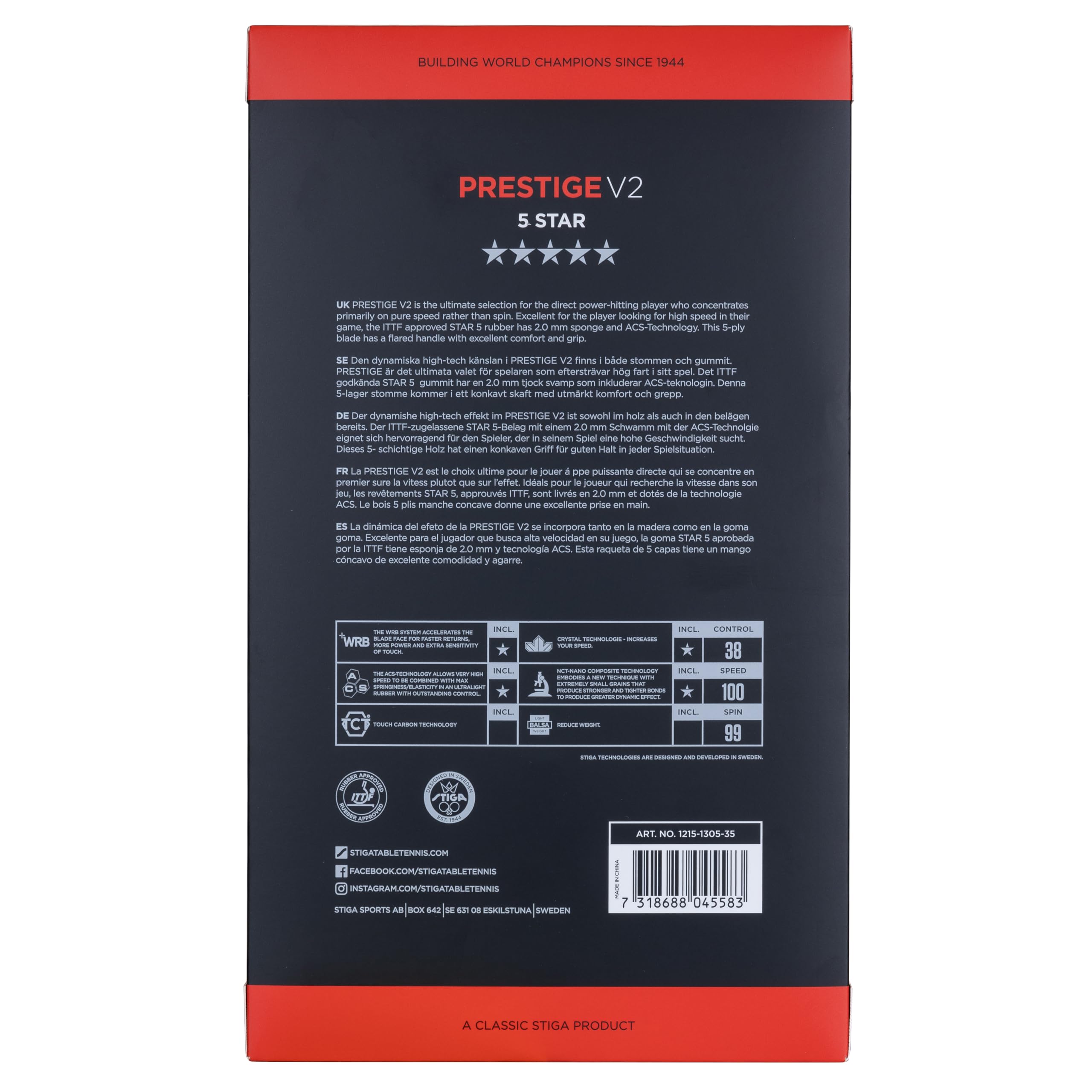 STIGA Prestige V2 Racchetta da Ping Pong a 5 Stelle – Alta Velocità, Telaio 5 Strati, Impugnatura Concava, ACS + WRB, Gomma ITTF, Spugna 2.0 mm