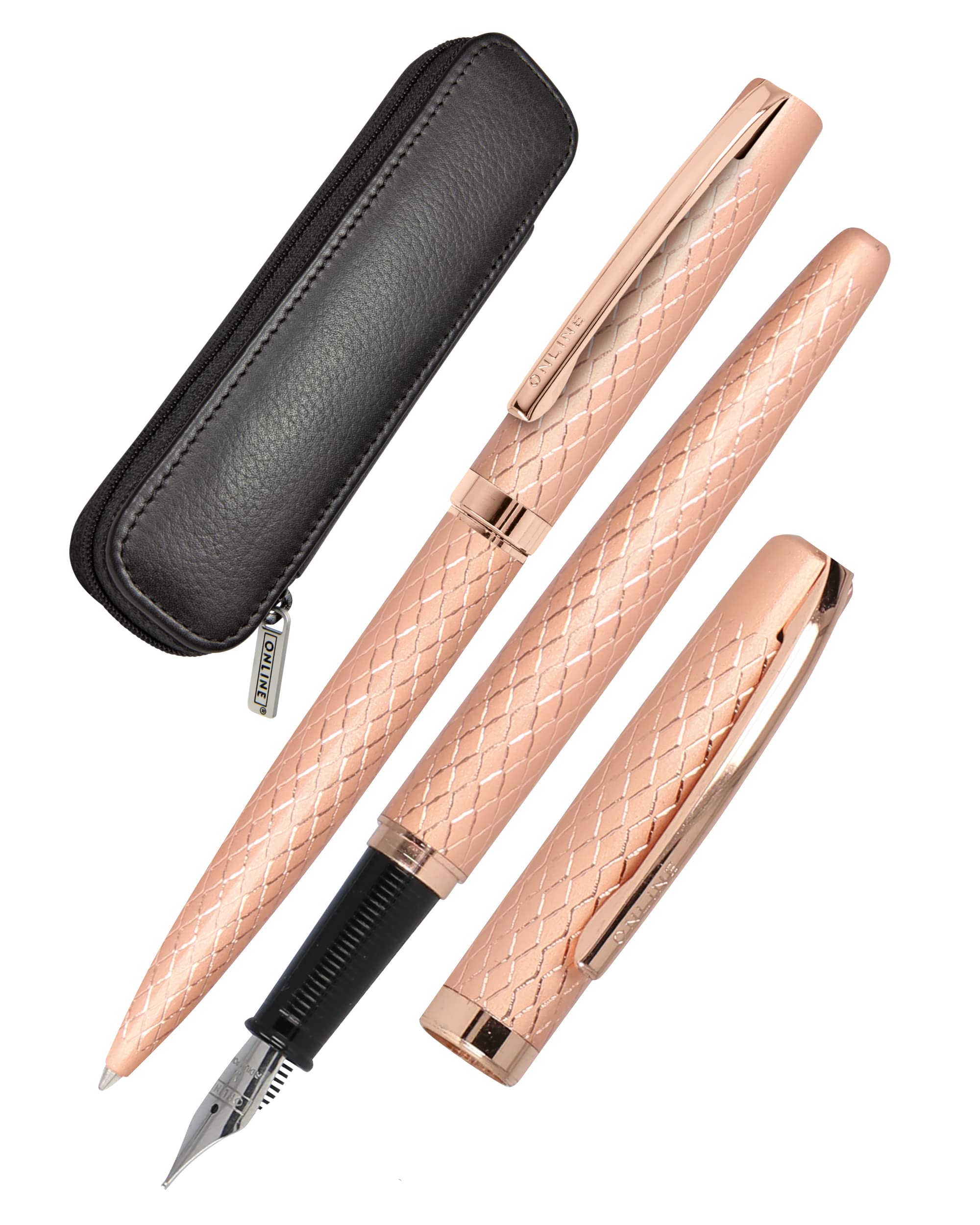 Online Set Eleganza Fountain Pen & Ballpen Diamond I Rosegold I Nib Size M I Metal Clip I Retractable Biro I Fountain-Pen for Standard Ink Cartridges Or Converter I In Gift Box