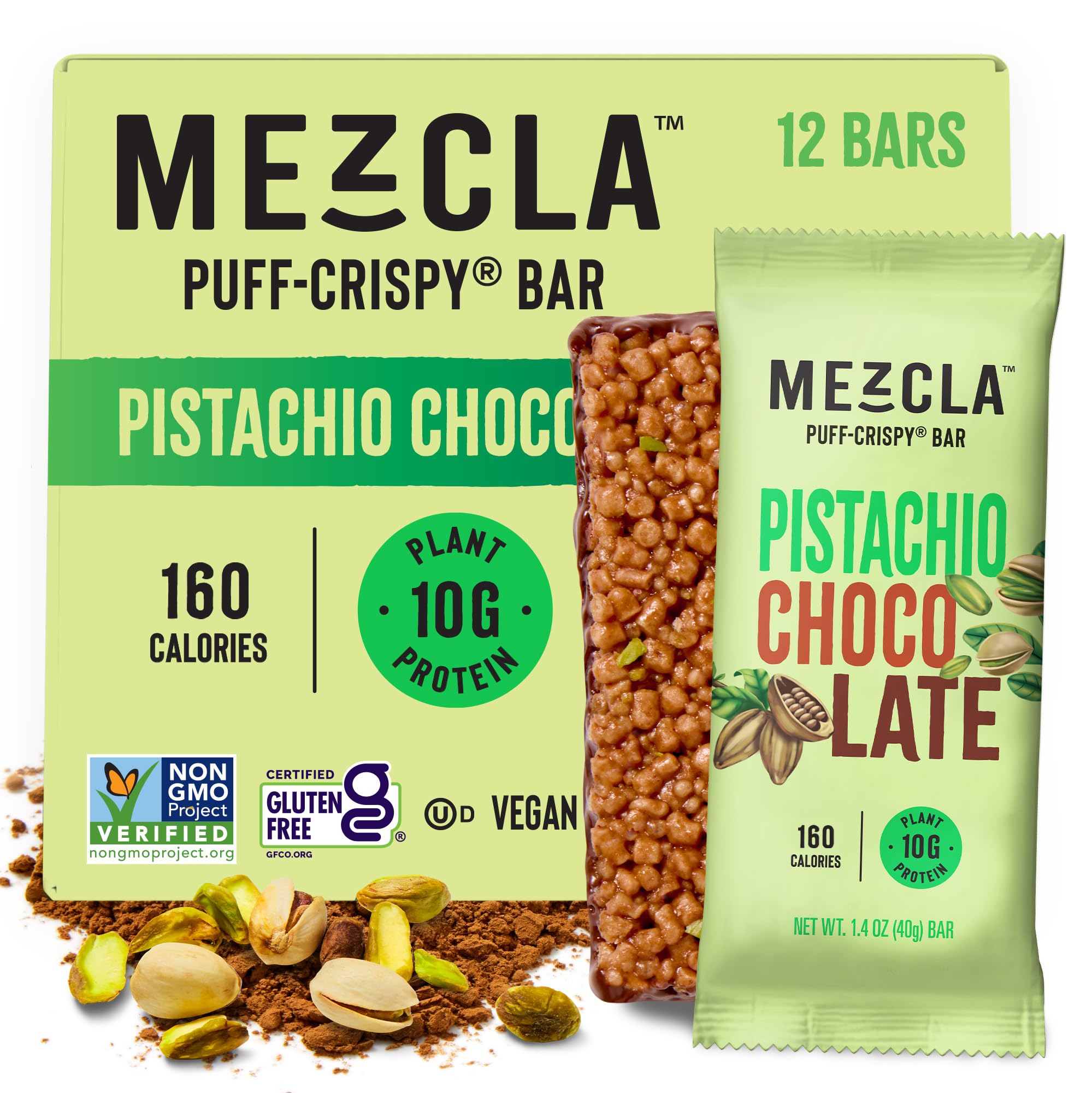 - Mezcla Puff Crispy Protein Bars, Gluten Free & Vegan Protein Bars, 10g Protein, Alt for Pistachio Dubai Chocolate Bar, Granola Bars & Breakfast Bars, Healthy Snacks for Adults, Pistachio Chocolate, 12 Pack