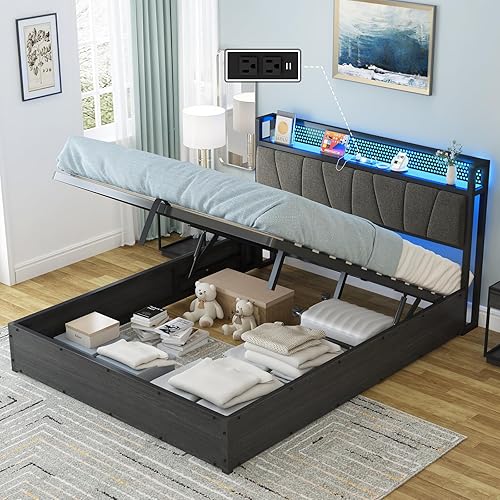 Miniatura 12 de AMERLIFE Marco de cama elevable tamaño King con tapizado de lino, luz LED y cabecera de almacenamiento, base de cama de plataforma con estación de