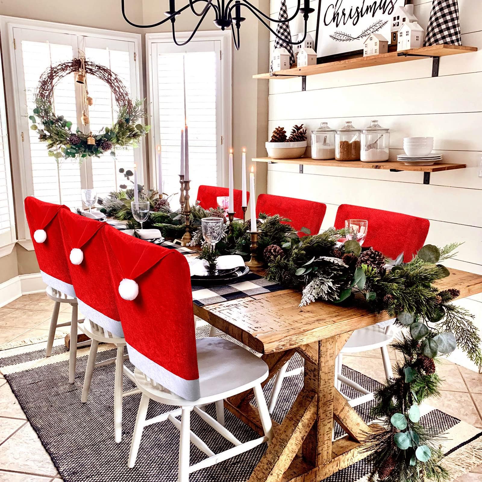 6 Pack Set of Santa Claus Red Hat Chair Covers Caps Slipcovers for Christmas Xmas Kitchen Dining Chair Slipcovers Sets for Christmas Holiday Festive Decorations