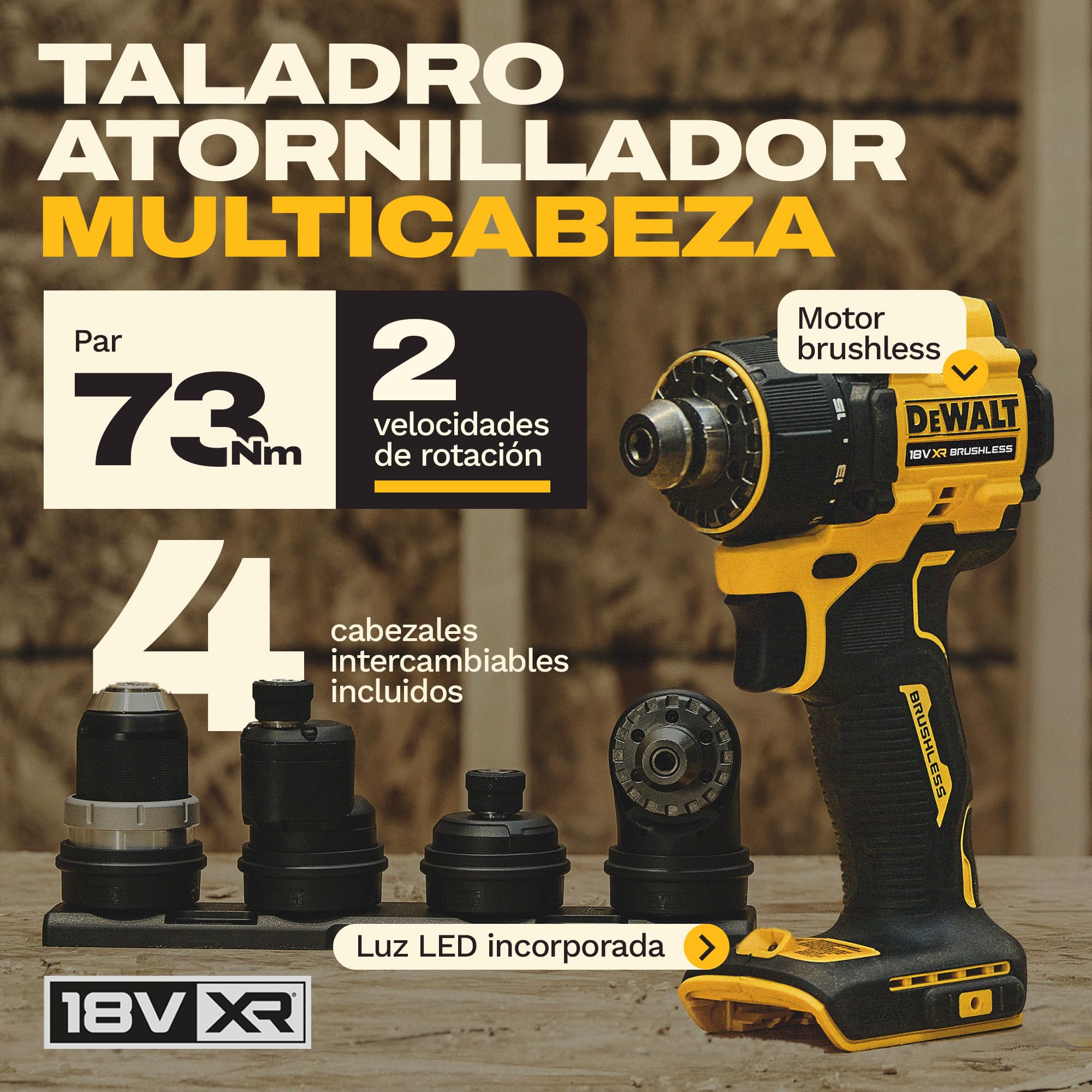 DEWALT Taladro atornillador 18V XR con 4cabezales intercambiables, bolsa de transporte blanda y juego de 10 llaves de atornillar FLEXTORQ de 57 mm (PH y PZ) con llavero, solo herramienta, DCD803KN-XJ