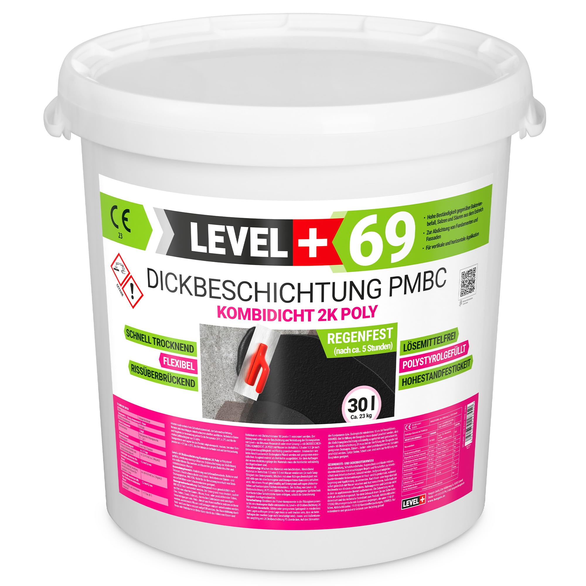 Level+ 69 revestimiento grueso PMBC 2K relleno de poliestireno, impermeabilización de betún 30L, puenteo de grietas, resistente a la lluvia rápida, cimientos, sótanos, garajes, paredes exteriores