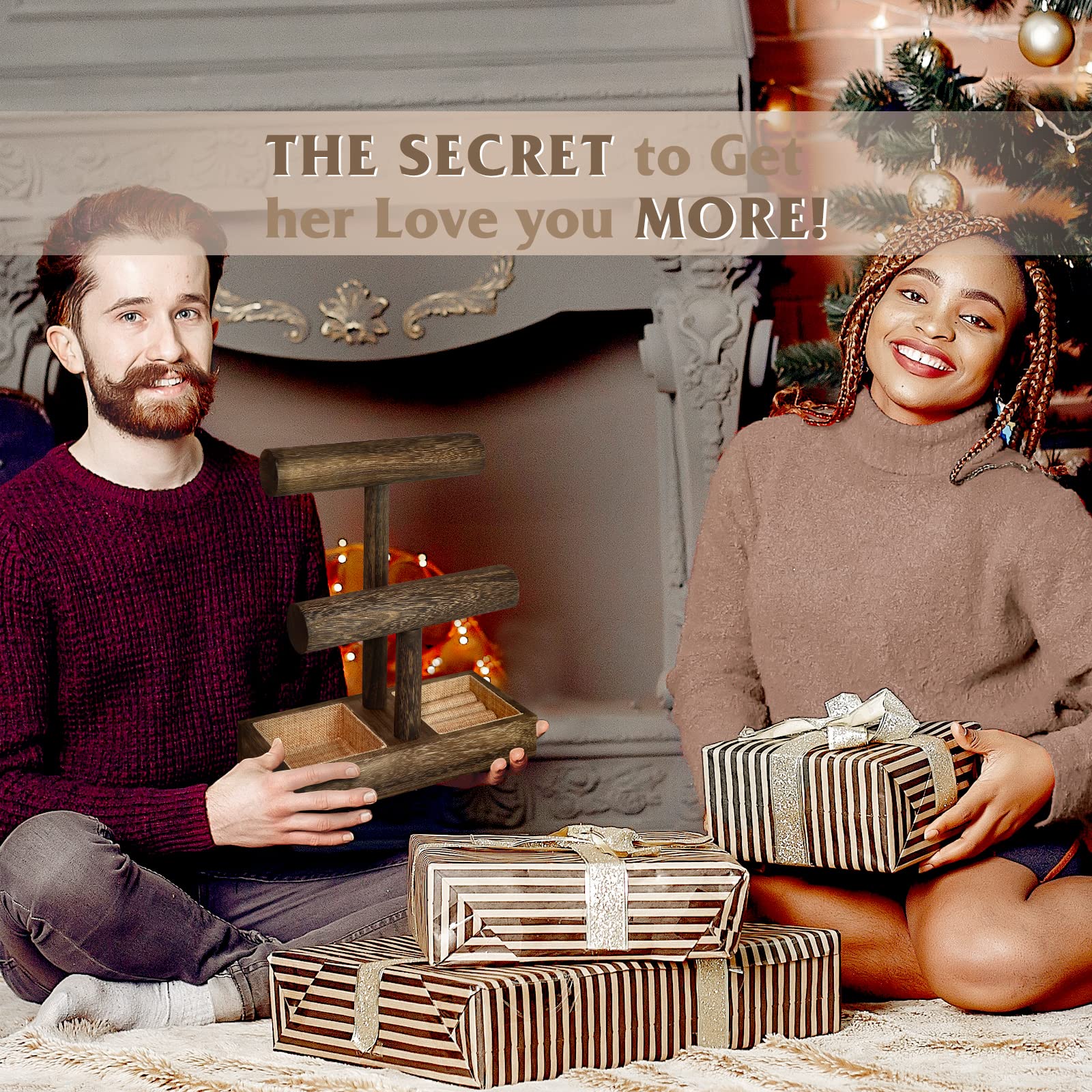 LadyRosian 2 Tier Wooden Bangle Display Holder Stand, Bracelet Holder Organizer Necklace Watch Scrunchie Jewelry Storage Rack with Rings Tray