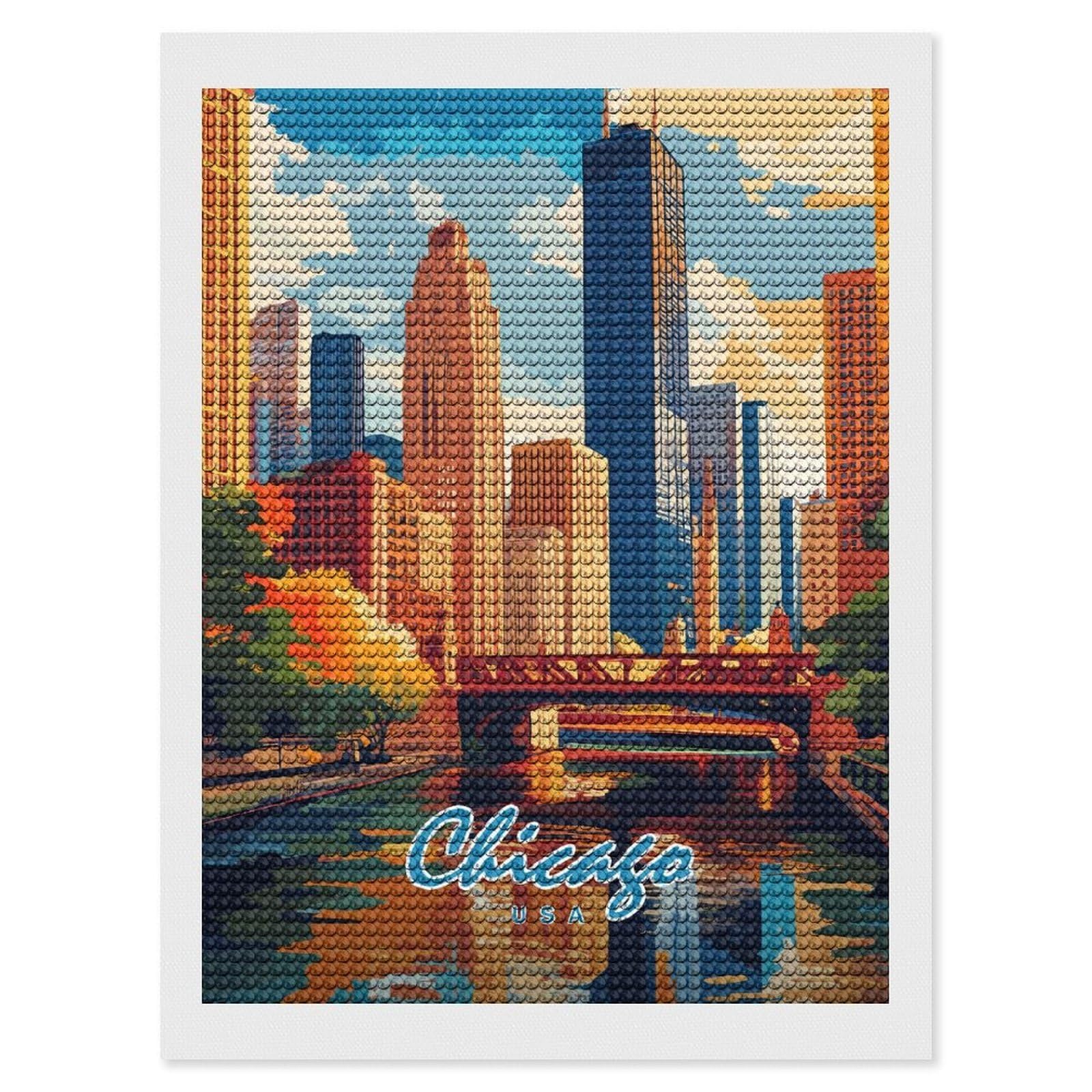 Junmoney Chicago Skyline Diamond Art Canvas 12"x16", for Adults, Good for Quiet Evenings, Bedroom Decor, Festive Craft Gift, Easy to Enjoy