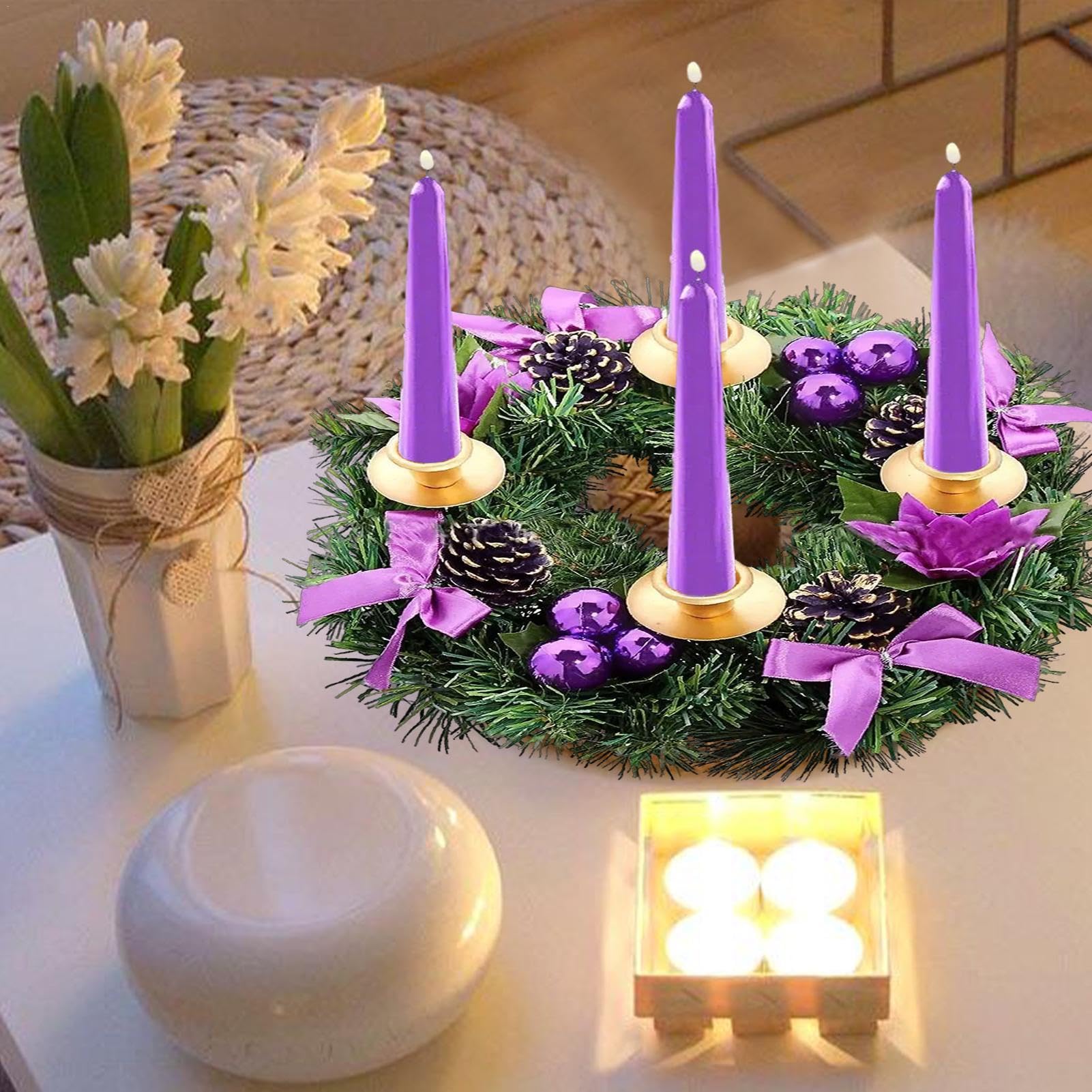 Corone Di Candele Di Natale per Candele Pilastri,Corona Di Candelabro Di Natale | Piccole corone di Candelabri Conici di Natale 2024,Candelabro 'Avvento con fiocchi di Nastro per Tavolo Da Pranzo