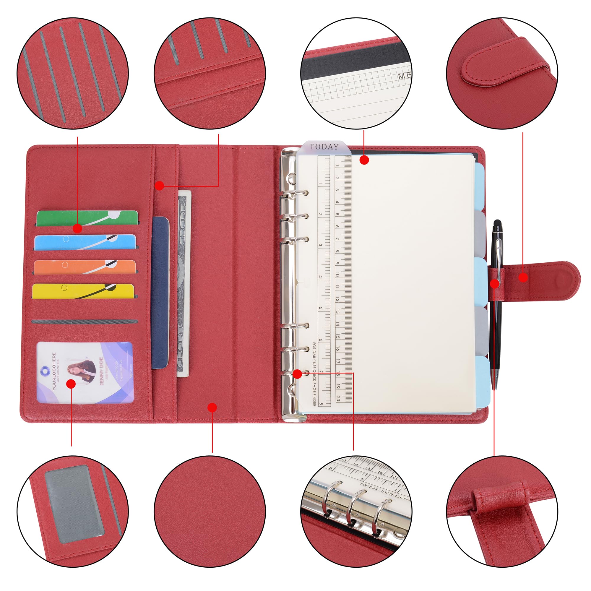 WASON A5 Diario in Pelle PU con Carta Ricaricabile, Portfolio ad Anelli Rimovibile con Clipboard, Rosso