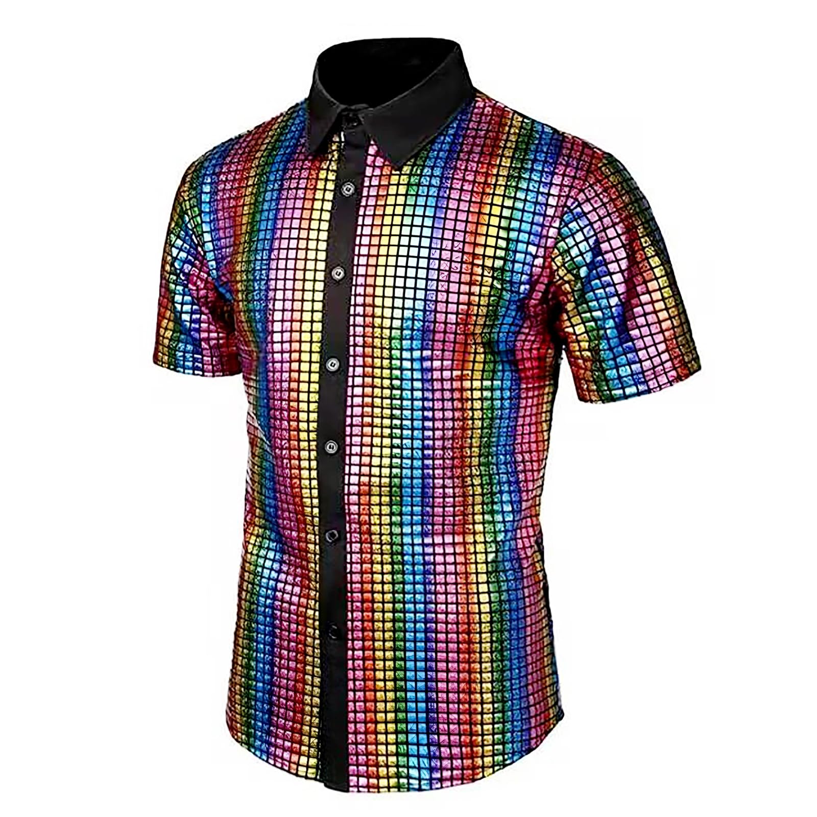 JIAHG Chemise à Pailletes Homme Disco à Manches Courtes Vintage Haut à Sequin Scintillant des années 70 Chemise à Boutons Col à Revers pour Festival de Musique Danse Bal Soirée Carnaval