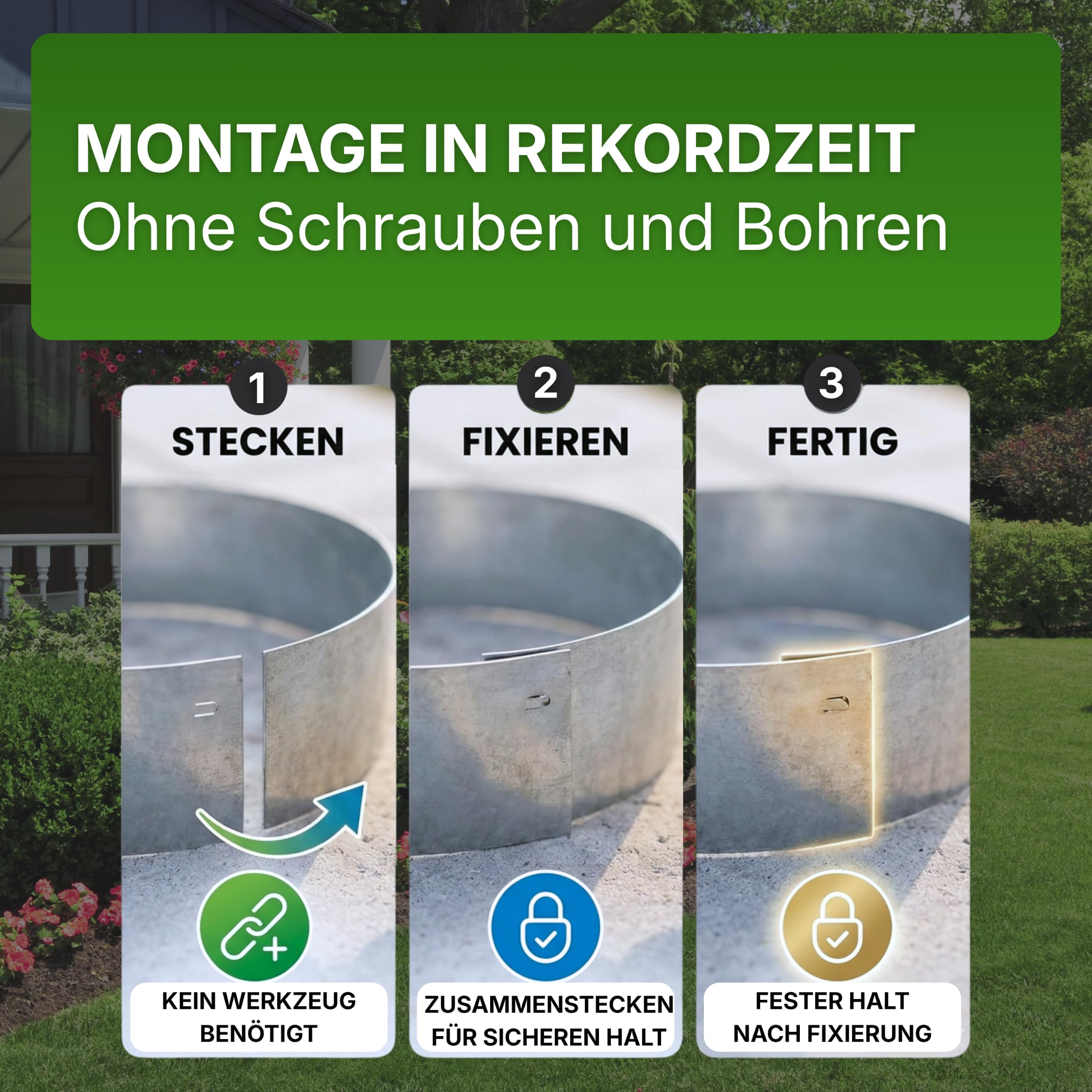 Gartenwelt Riegelsberger Rasenkante Kreis Metall Ø 30 cm – 4 Stück Baumeinfassung aus feuerverzinktem Stahl, Höhe 13 cm, robuste Beetumrandung & Mähkante, silberfarben