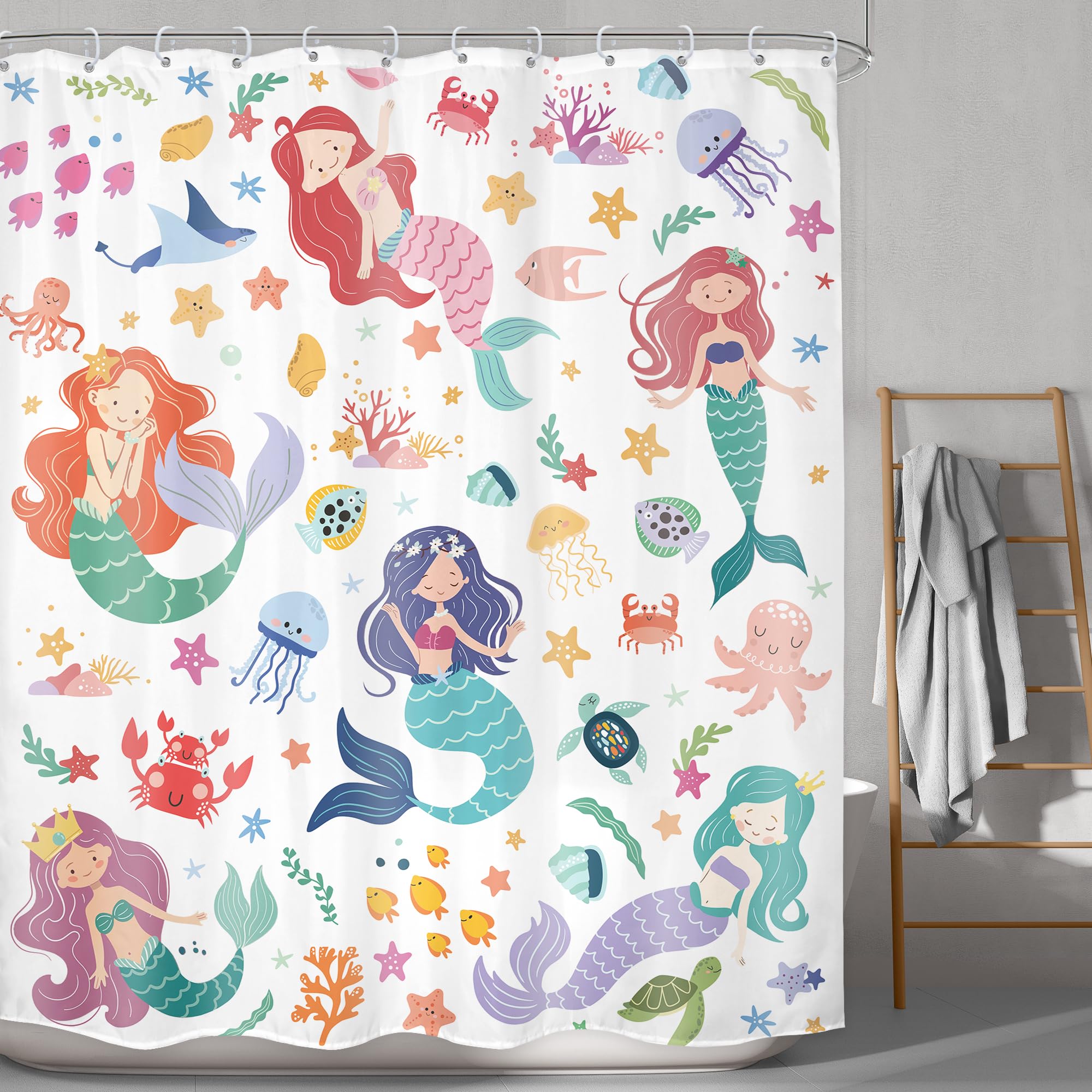 LGhtyro Kids Ocean Mermaid Shower Curtain Bathroom Set 60Wx71H Inches Underwater Cartoon Sea Animals Cute Octopus Coral Starfish Jellyfish Bath Accessories Princess Art Home Decor Fabric 12 Pack Hooks