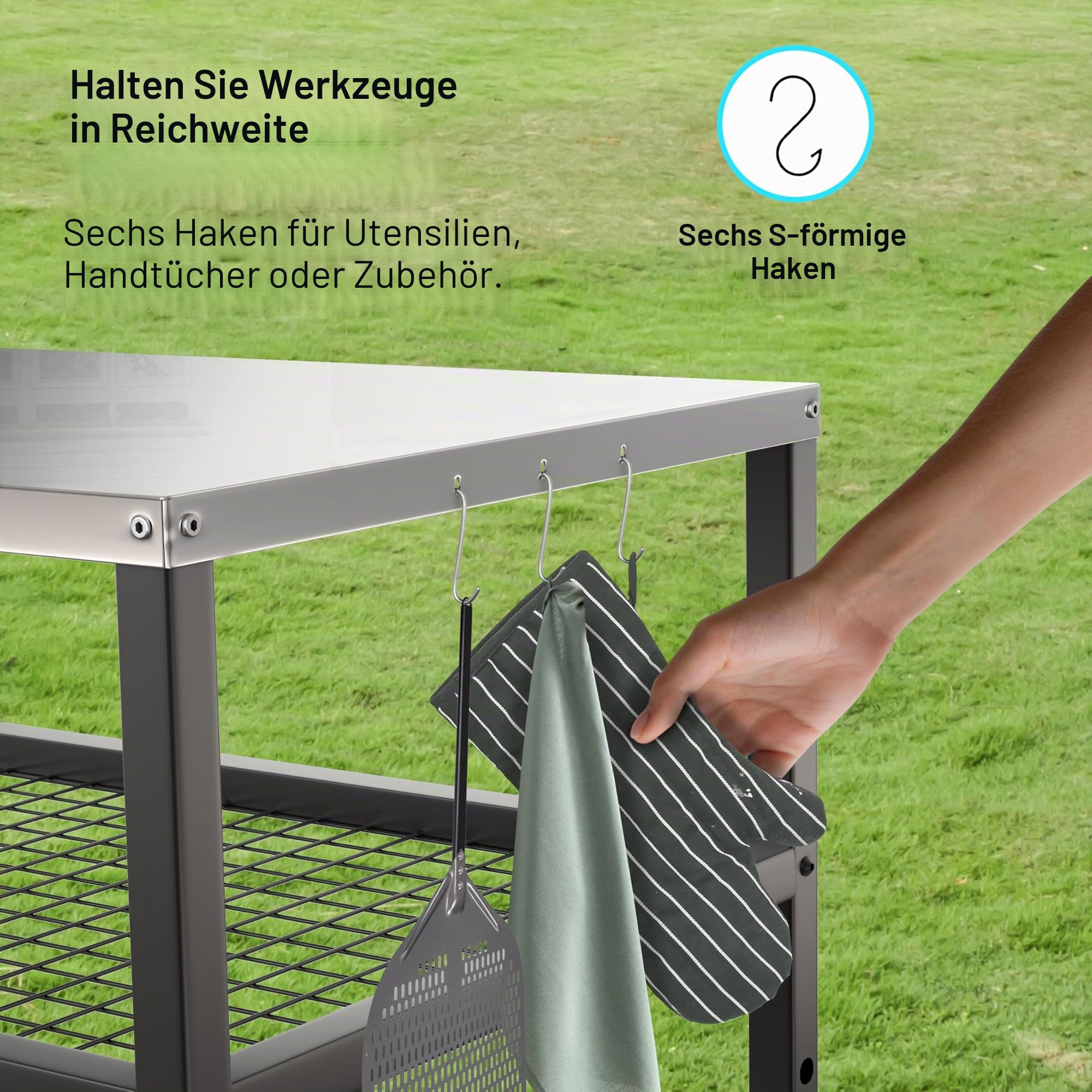 Pizzaofenständer für den Außenbereich, Grillwagen, Tisch, Pizzaofen, Trolleyständer, Edelstahltisch auf Rädern, Esstisch, Vorbereitungstisch, Grillständer für Küche, Terrasse, Hinterhof, Garten, 80 x