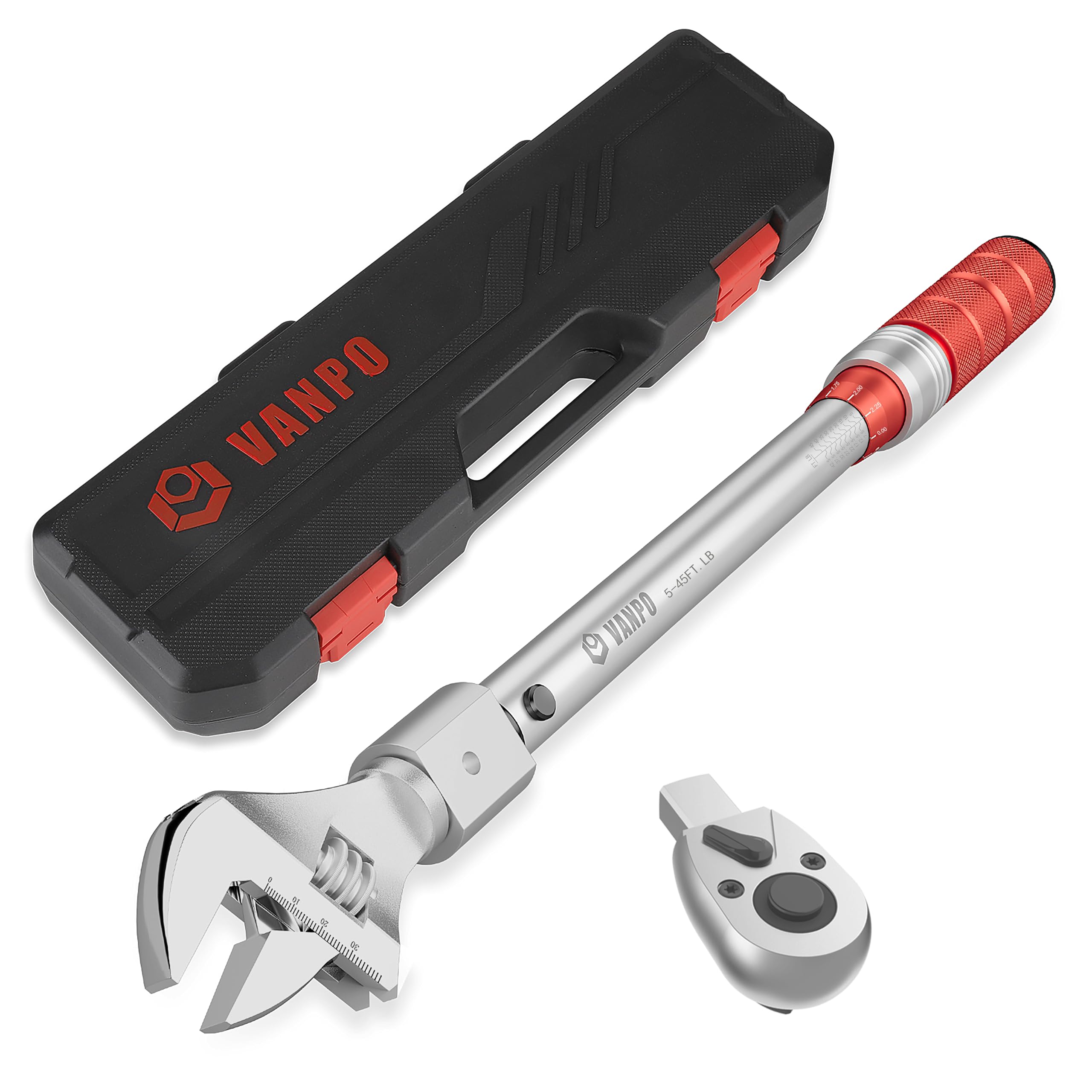VANPO 3/8 Inch Drive Adjustable Torque Wrench, 5-45 Ft.lb/7-61 Nm, 38MM Open End Torque Wrench with Interchangeable Jaw & Ratchet Head for HVAC, Car, Moto, Narrow Pipeline