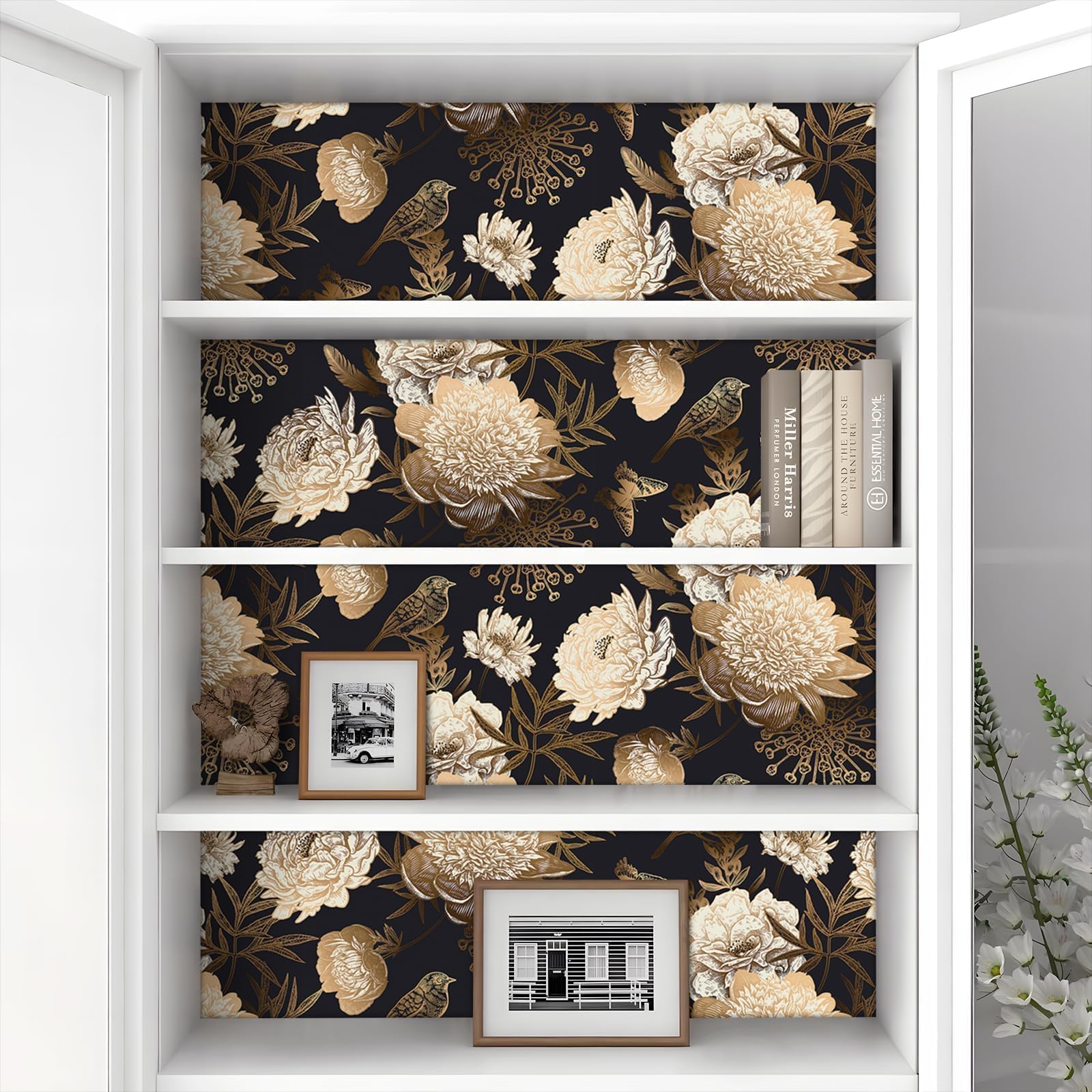 Decotalk Tapete Schwarz Gold Blumen Selbstklebende Tapete Blumen Schlafzimmer 44.5X900cm Klebefolie Schwarz Gold Wandtapete Selbstklebend Möbelfolie Dekorfolie Klebefolie PVC Vinyl Wandaufkleber