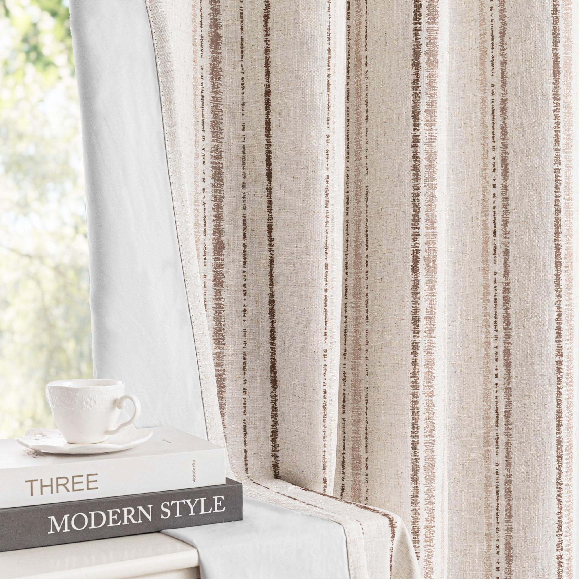 Photo 1 of MYSKY HOME Taupe Striped Curtains 96 Inches Long Double Layer Full Blackout Tan Ticking Stripe Pinstripe Linen Blended Curtains for Bedroom Living Room Farmhouse Drapes, Grommet, 2 Panels, 52" Wide